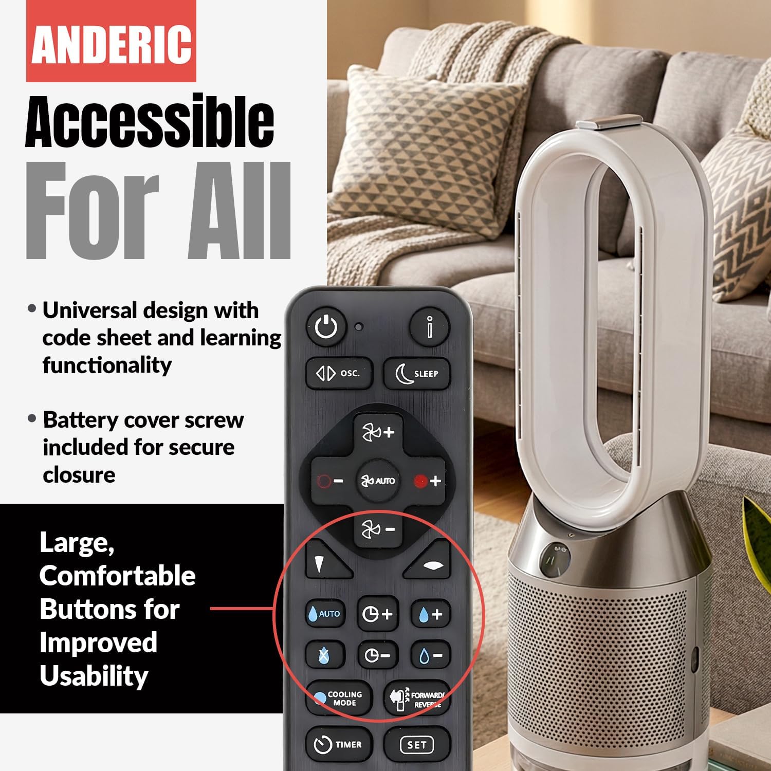 Anderic RRDYS01.2 Universal Remote Control with Learning for Dyson Fans | HP00 HP01 AM02 AM03 AM07 AM08 AM09 DP01 DP03 TP02 TP03 and More