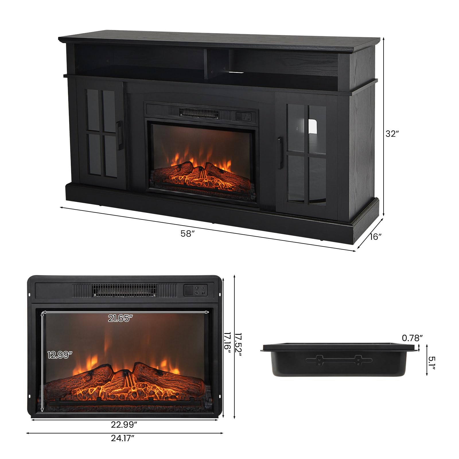 Tangkula Fireplace Tv Stand For Tvs Up To 65 Inch, 23 Inches Electric Fireplace With Remote Control, Overheat Protection, 3 Leve