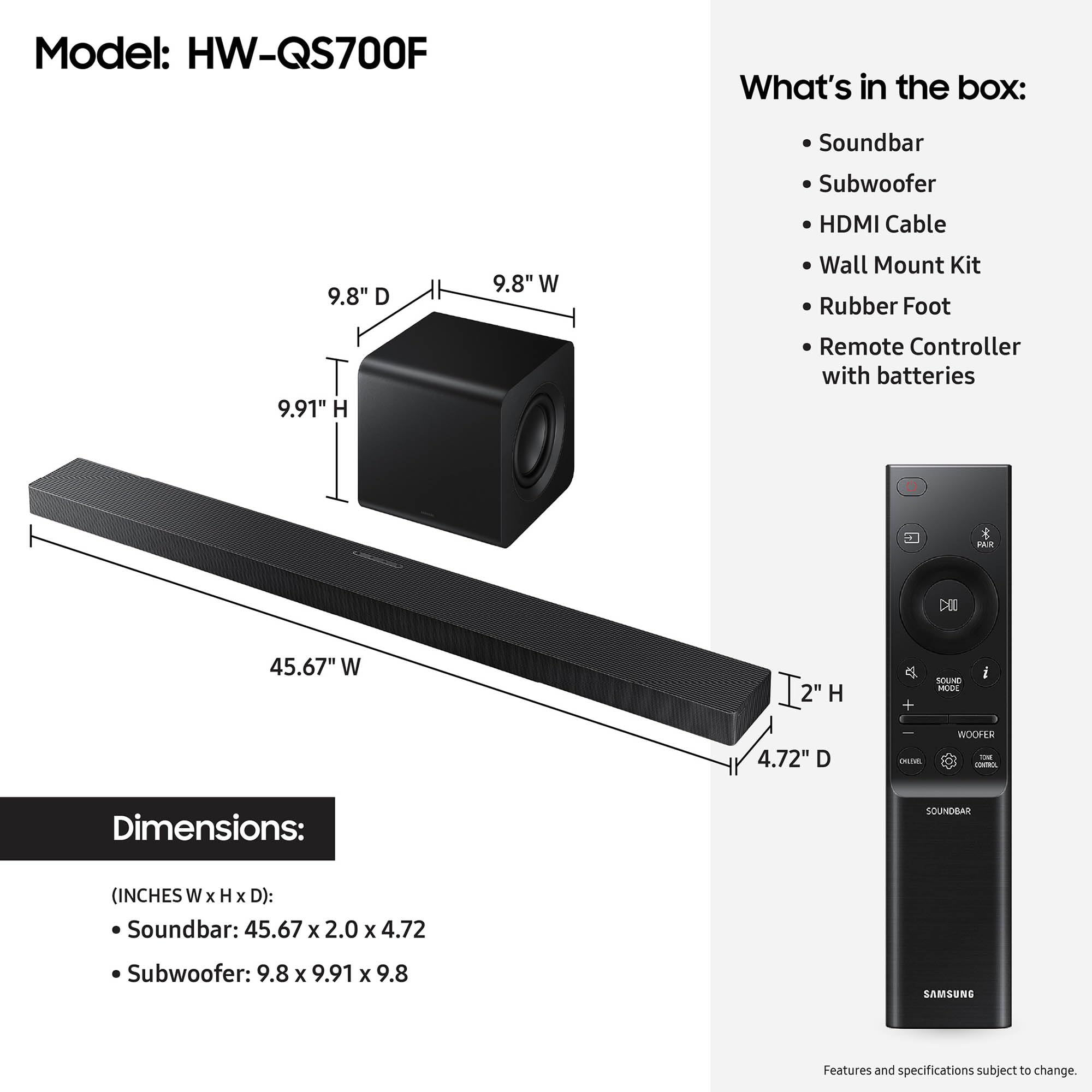 Samsung Hw-Qs700F 3.1.2 Ch Dolby Atmos Soundbar And Subwoofer With 3 Year Amber Protection Plan (2025)
