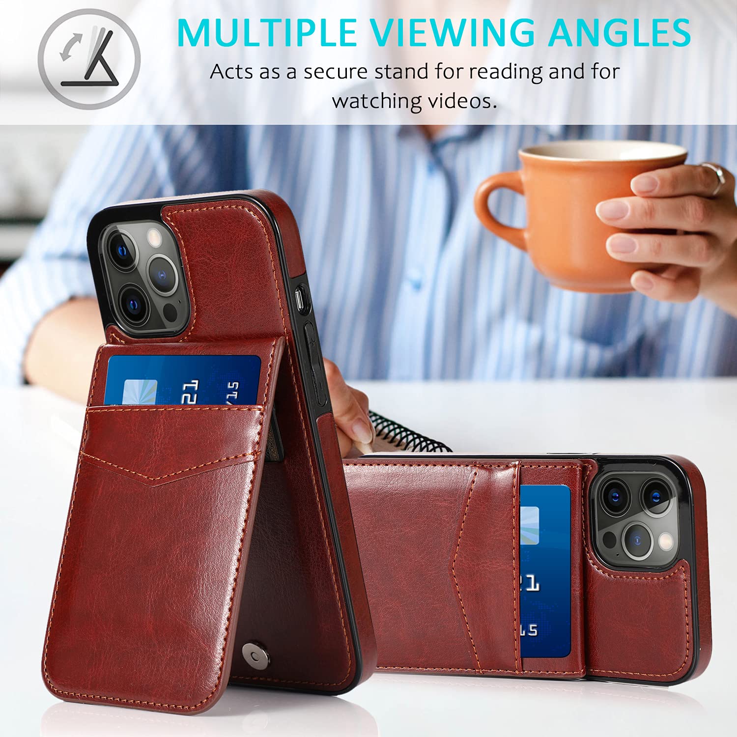 Seabaras Leather Wallet Case For Iphone 12 Wallet Case And Iphone 12 Pro Wallet Case With Credit Card Holder 6.1 Inch (Sepia Bro