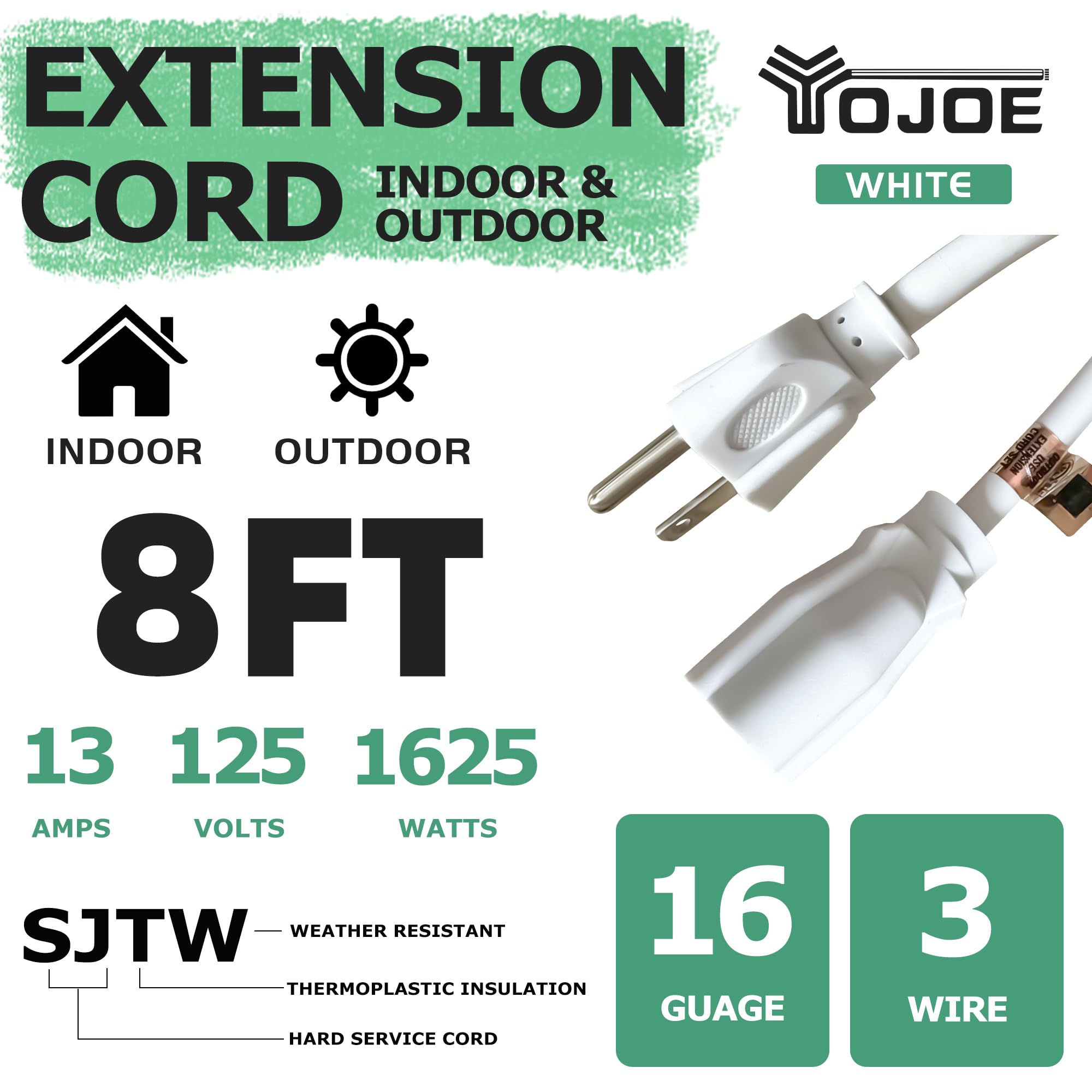 Yojoe Indoor Outdoor Extension Cord, 3 Prong 13A Weatherproof Power Extension Cord, 16 Gauge Heavy Duty 8 Ft White Extension Cor
