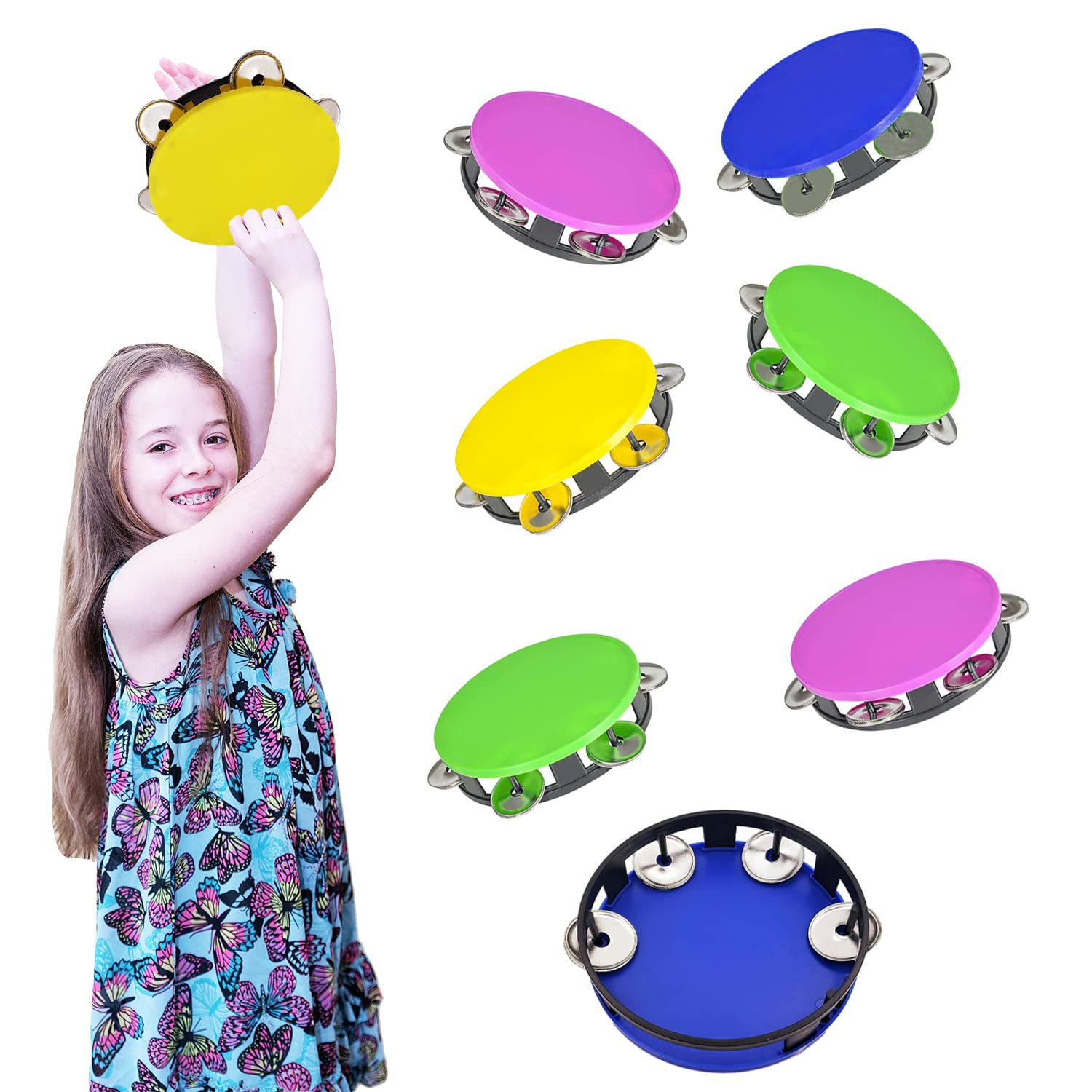 The Dreidel Company Tambourines for Kids Hand Held, 5.5 Inch Tambourine Assorted Colors, Ring Metal Jingles Percussion Musical E
