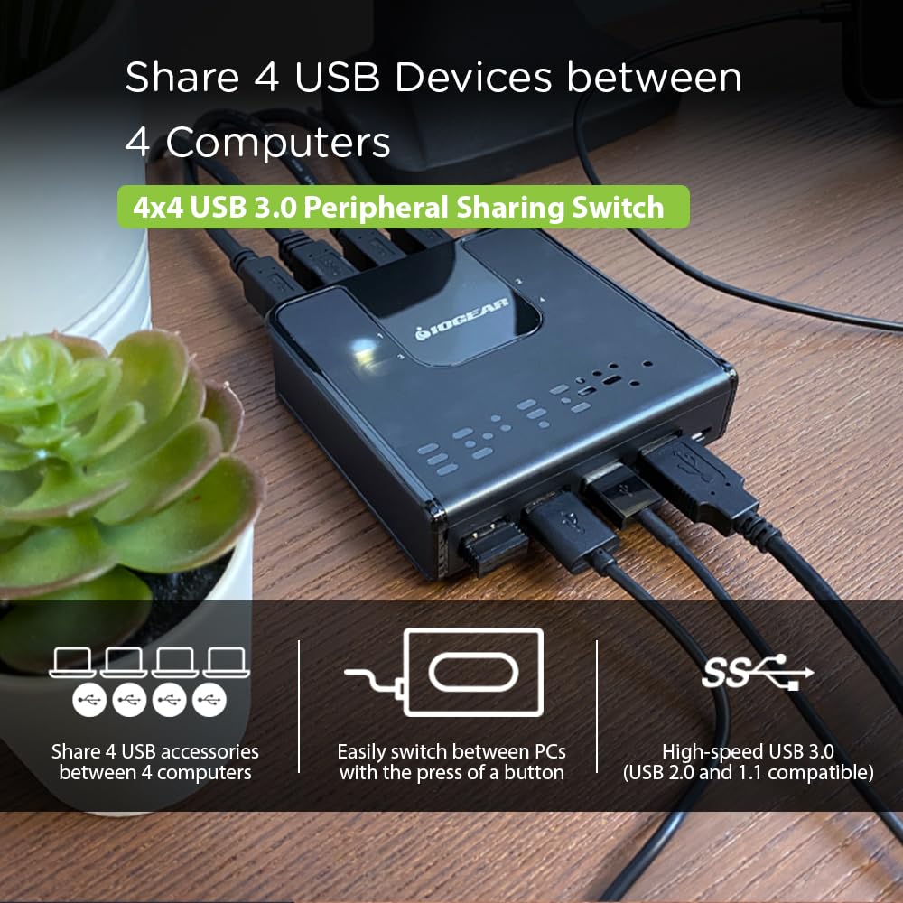 Iogear 4X4 Usb 3.0 Peripheral Sharing Switch   Share 4 Usb Devices Between 4 Computers   Led Indicators   Cables & Remote Includ