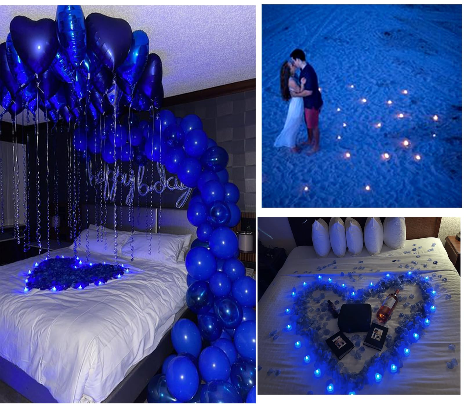 Pyrrhiax 2000 Pieces Blue Artificial Rose Petals And 24 Pieces Led Tea Lights Candles,Romantic Night Decoration Set, Romantic Gi