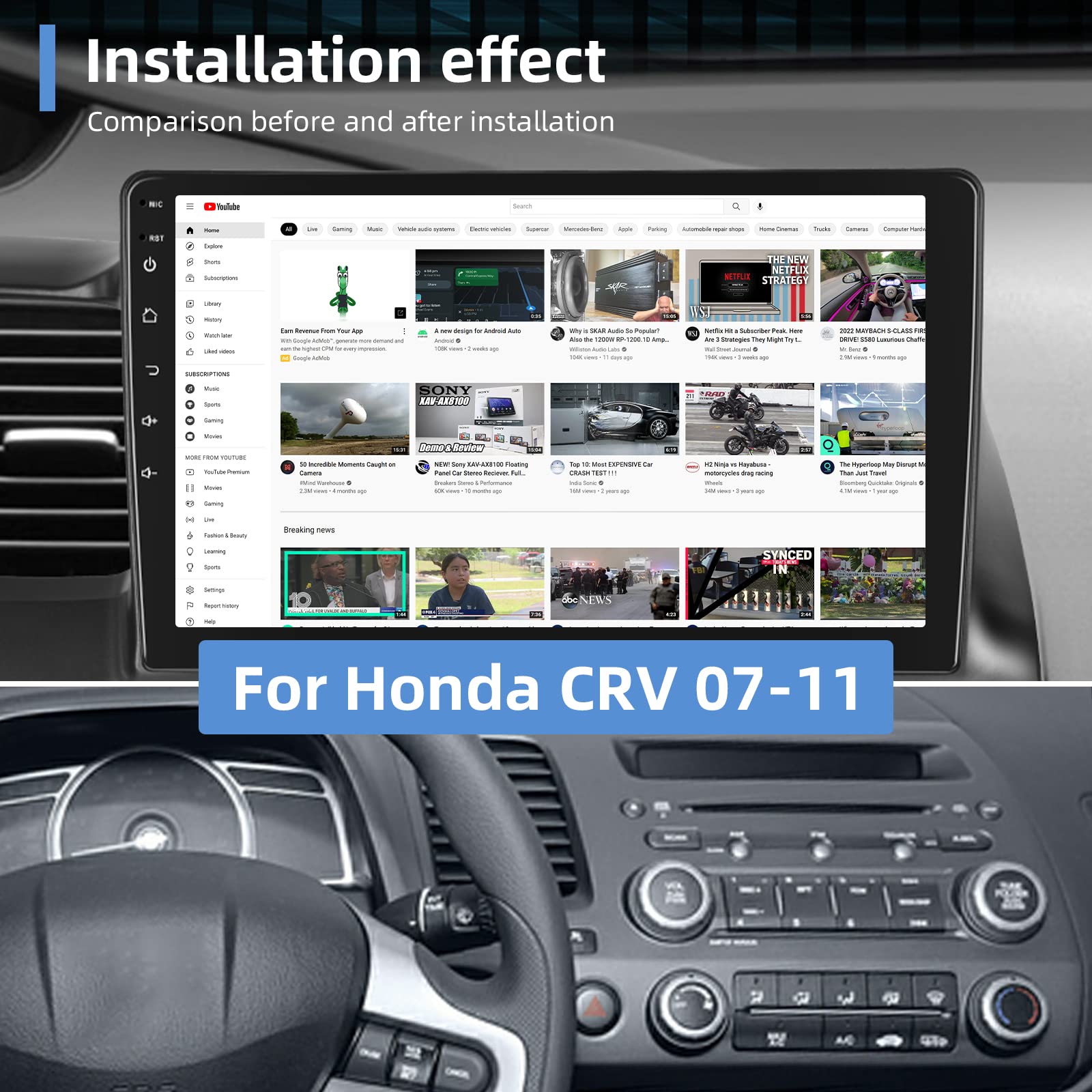 Podofo For Honda Civic 2006 2007 2008 2009 2010 2011 Car Stereo Radio 10.1 Inch Android Touch Screen Bluetooth Car Radio Audio With Gps Navigation Wifi Mirror Link Eq Fm/Rds Backup Camera