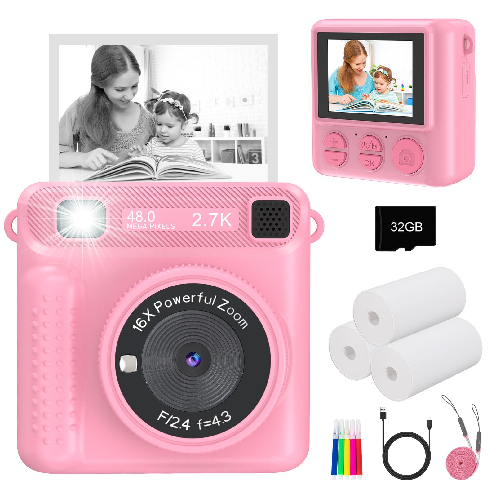 Jpverly Instant Print Camera For Kids   Hd Video, 32Gb Sd Card, Portable Toy For Girls & Boys Age 3 12, Christmas Birthday Gifts