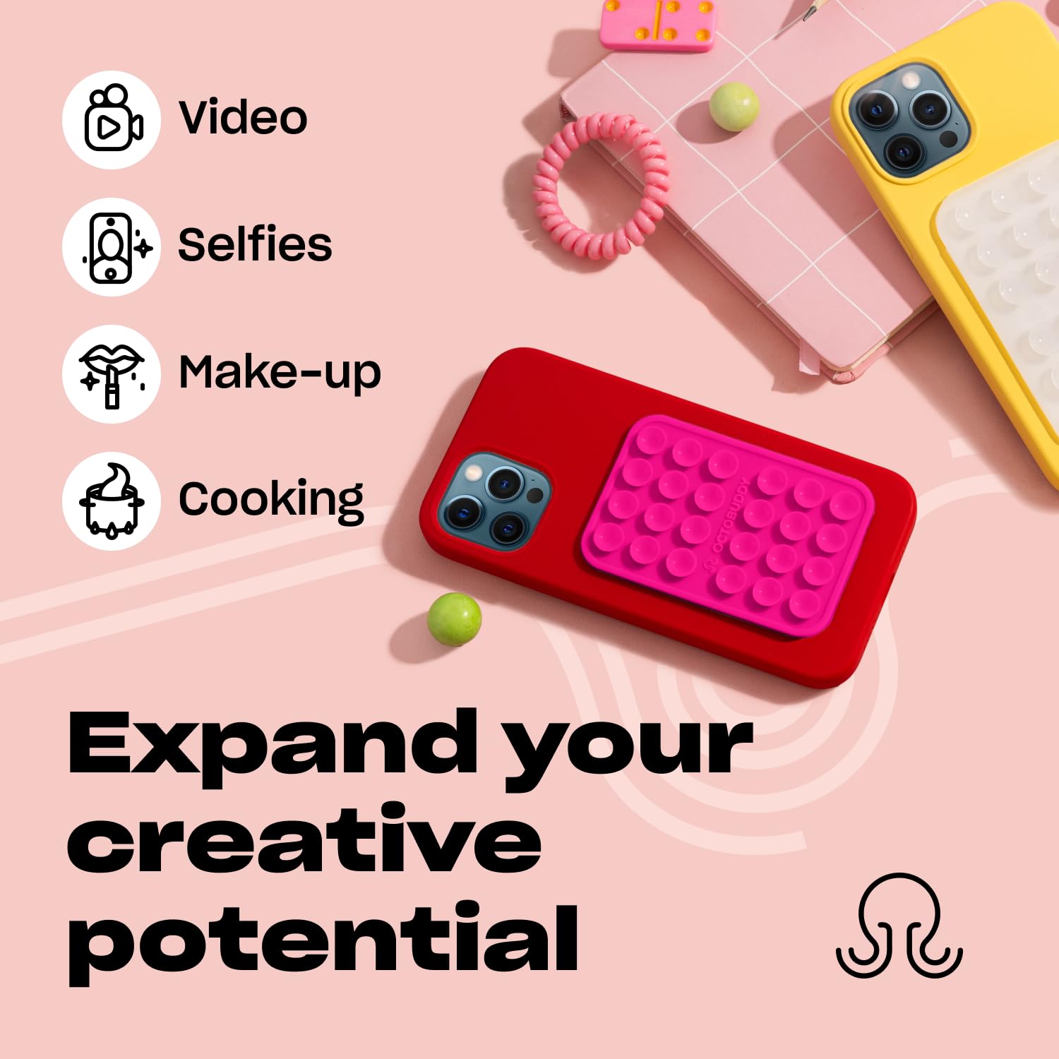 Octobuddy Classic - Silicone Suction Phone Case Adhesive Mount - Hands-Free, Strong Grip Holder For Selfies & Videos - Iphone &