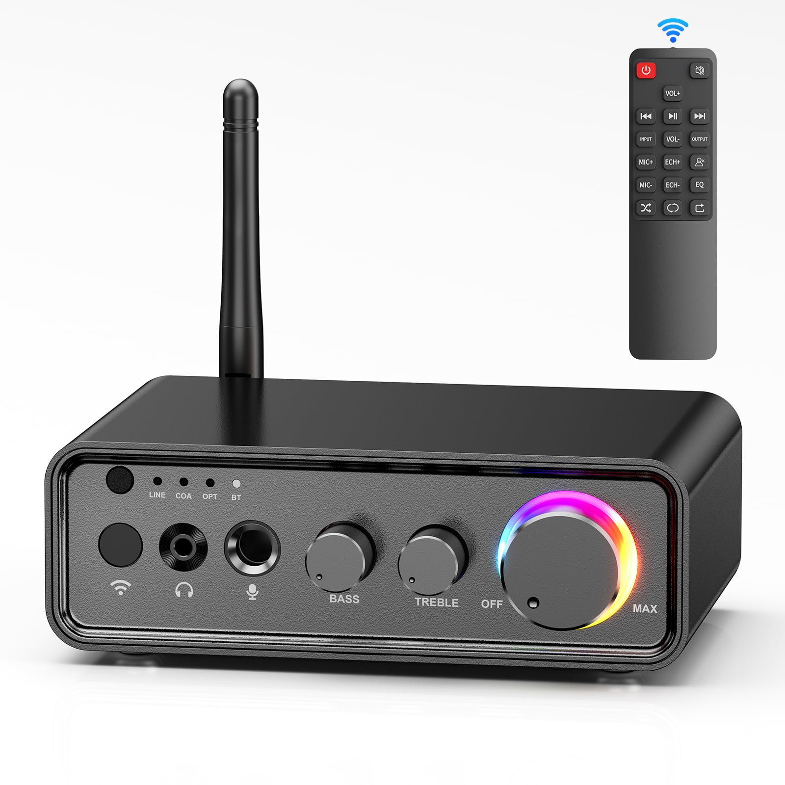 MOREGAX M19 BT Amplifier Stereo Receiver, Bluetooth 5.3 Mini Amplifier 2 Channels 100W x2 HiFi Class D Amp with RCA/Optical/Coax