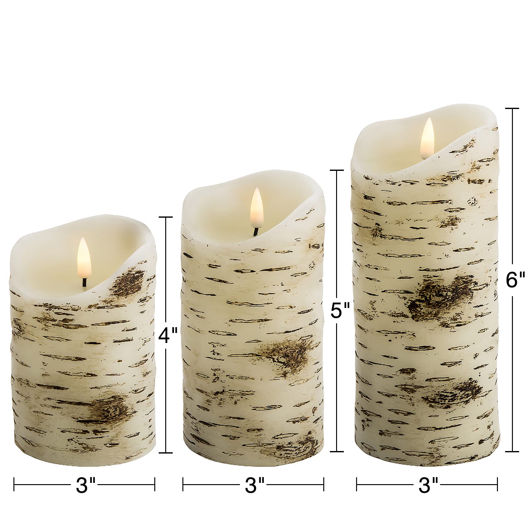 Eywamage Birch Bark Flameless Pillar Candles With Remote, Flickering Rustic Battery Led Wood Candles Set Of 3