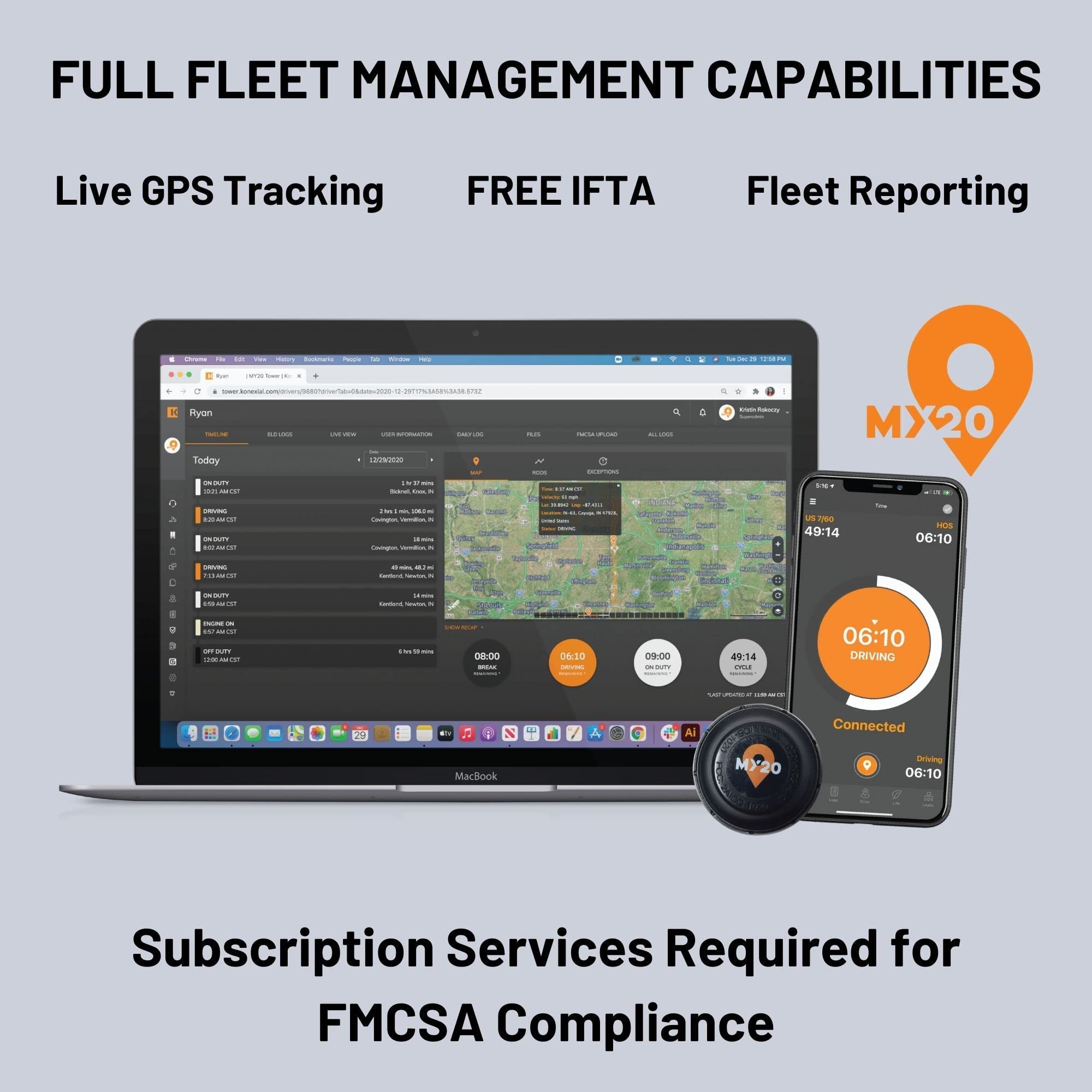 My20 Eld (Electronic Logging Device), Truck Gps Tracking, Fmcsa Compliant, 9 Pin J1939, 6 Pin J1708, Obd Ii Diagnostic Ports, Su