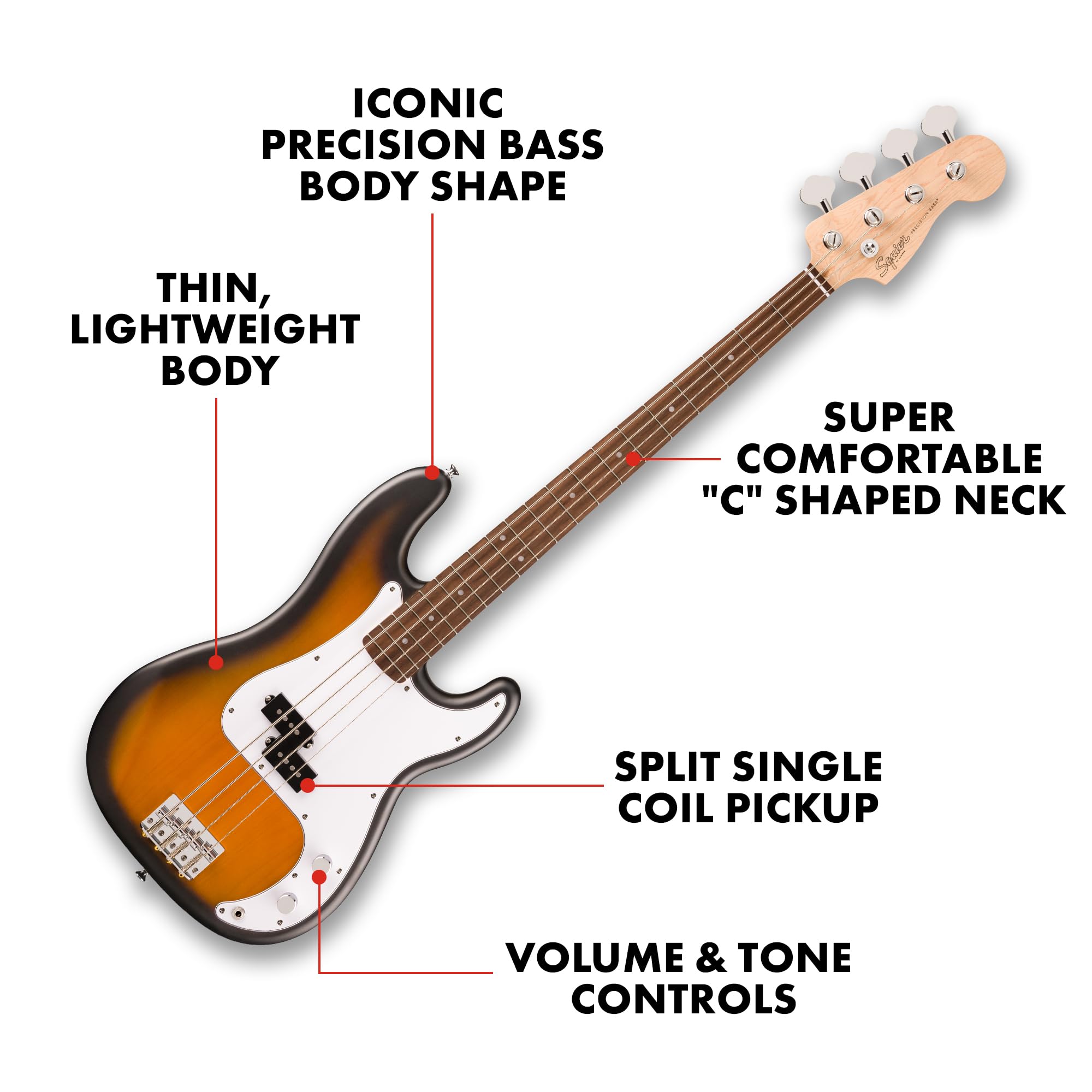 Fender Squier Debut Series Precision Bass Guitar, Beginner Guitar, With 2 Year Warranty, Includes Free Lessons, 2 Color Sunburst