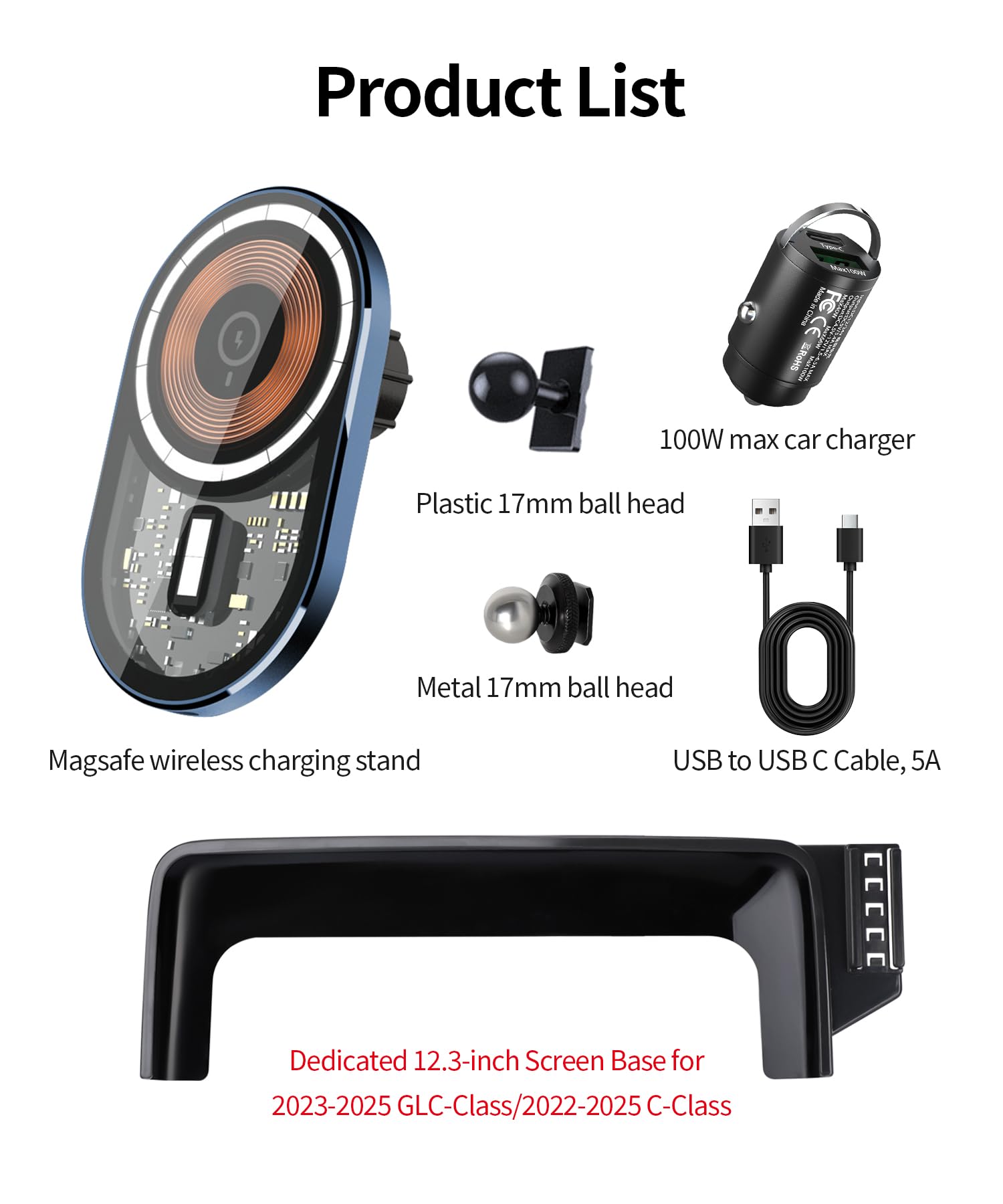 Masergogo Wireless Charging Car Phone Holder For Mercedes Benz Glc-Class 2023-2025/C-Class 2022-2025 Accessories 12.3 Inch Scree