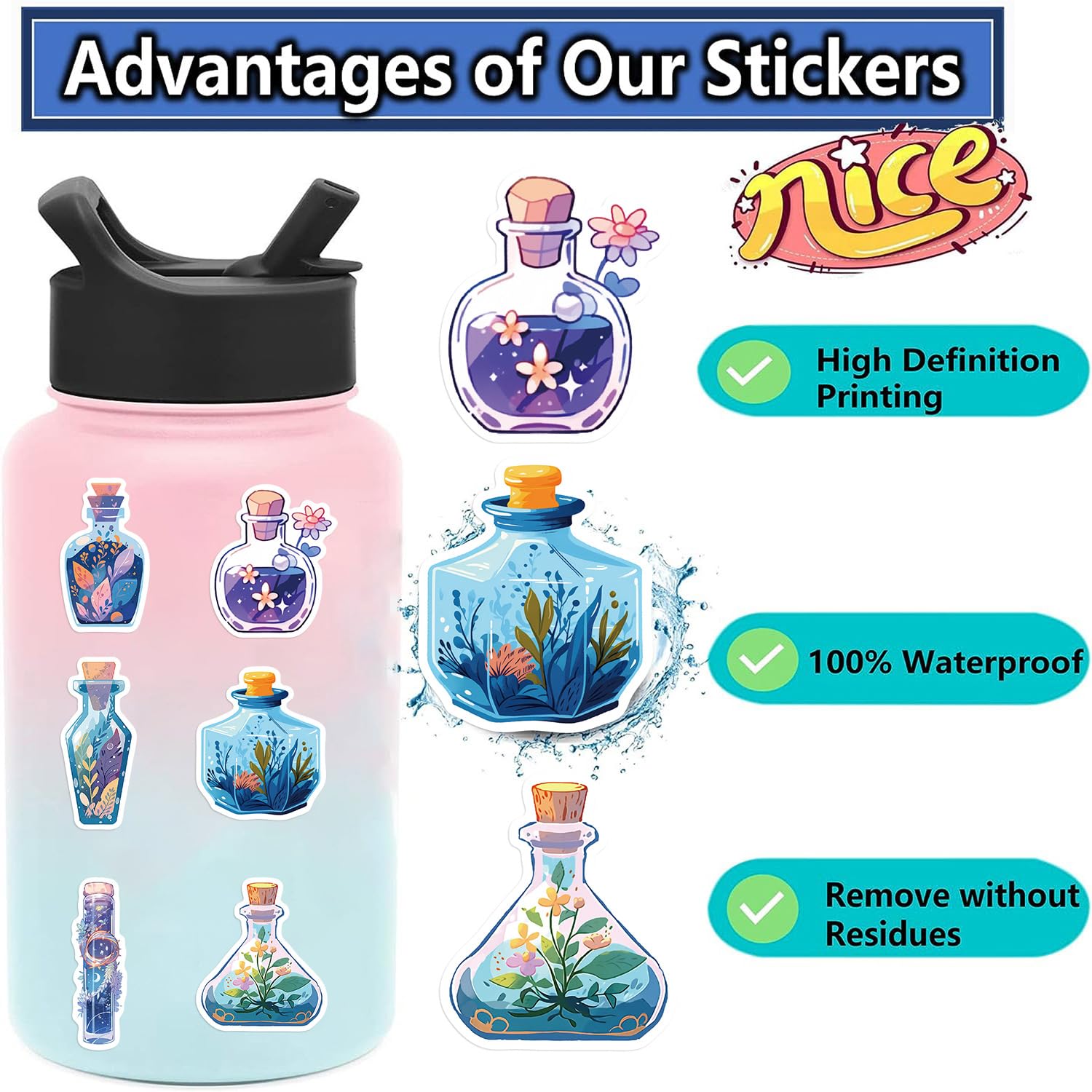 Yoksas Fantasy Magic Potion Bottle Plants Stickers   50Pcs Waterproof Vinyl Aesthetic Stickers For Water Bottle,Laptop,Scrapbook