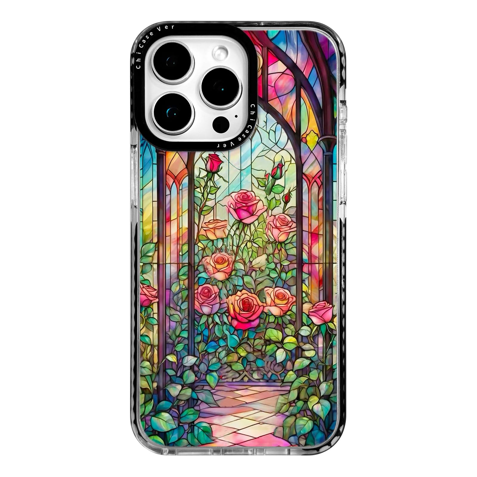 ChiCaseVer for iPhone 15 Pro Case,Stained Glass Rose Garden Pattern,Military-Grade Drop Protection,Elegant Floral Soft Slim TPU 