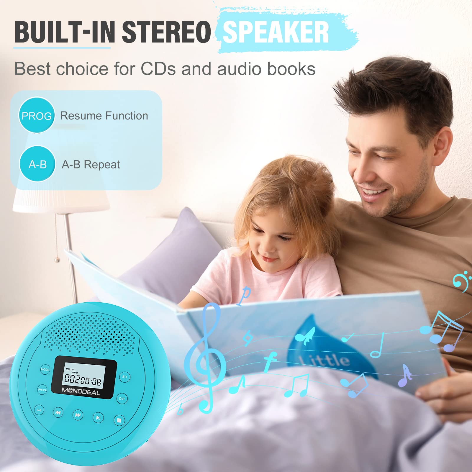Cd Player Portable | Speaker Built In Rechargeable Cd Player By Monodeal | Walkman Cd Player For Car And Home, Kids, Anti Skip Cd Player With Headphones(Cyan Blue)