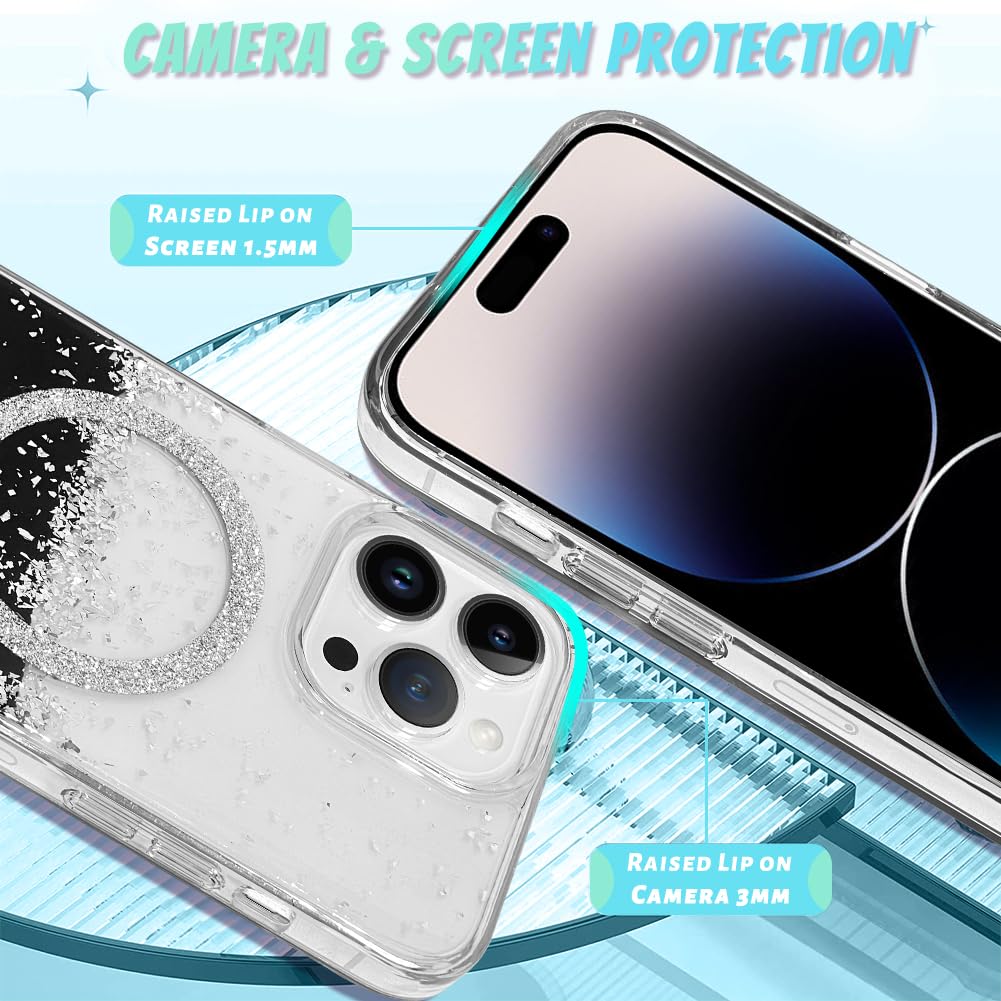 Bonoma For Iphone 14 Pro Max Case, Sparkly Glitter Bling Back, Magnetic Support For Magsafe Shockproof Case, Crystal And Clear H