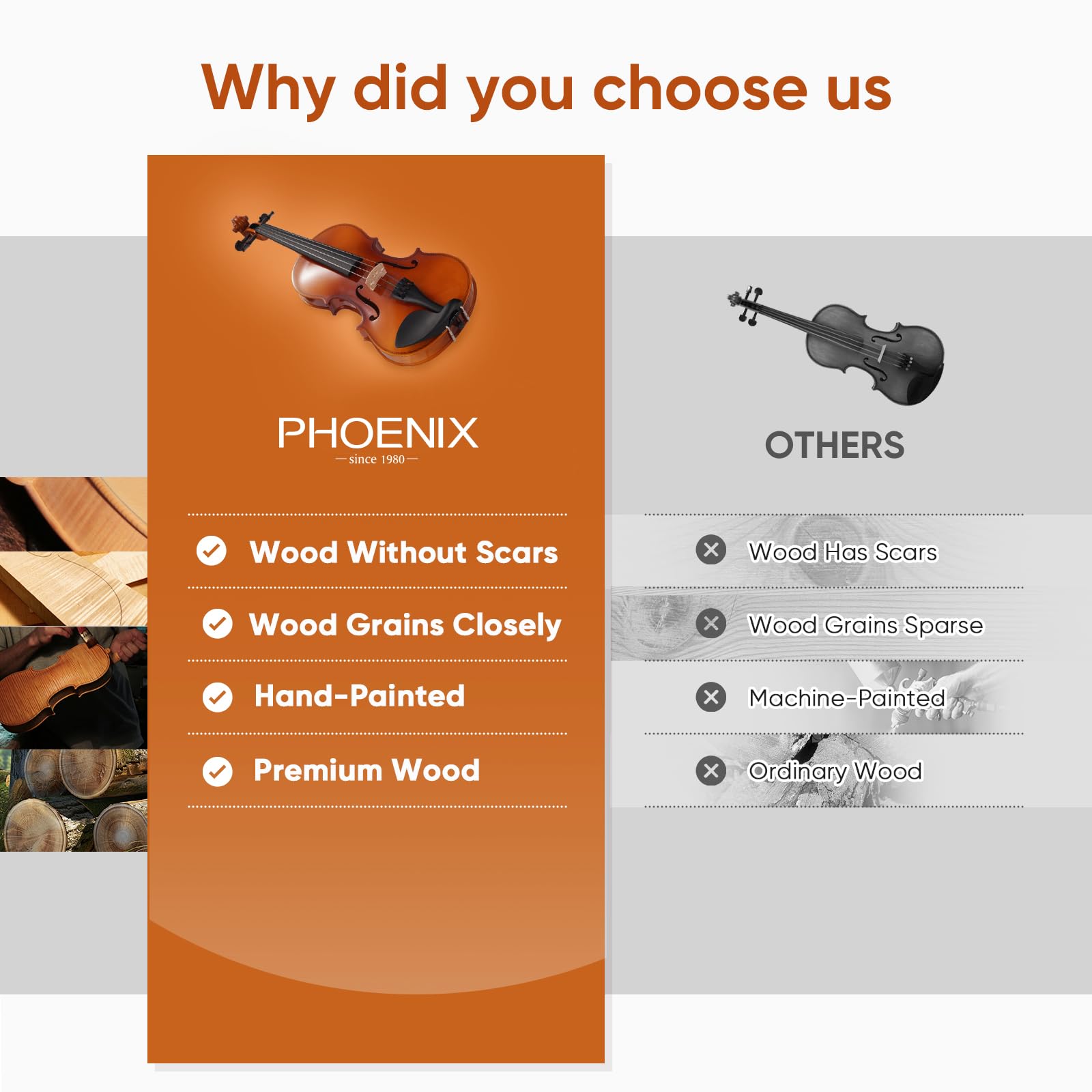 Phoenix Violin 4/4 Full Size Kit, Violin Fiddle Set For Beginner Adults Student With Rosewood Bow, Extra Strings & Bridge, 2 Ros