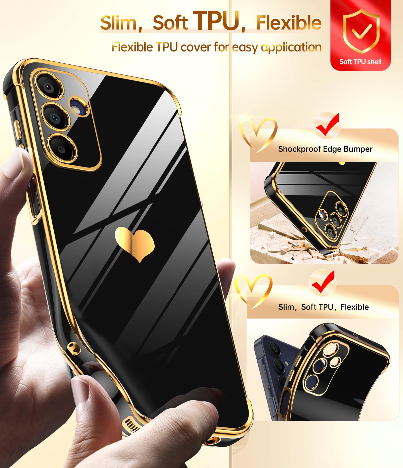 Leyi For Galaxy A15 5G Phone Case: With Tempered Glass Screen Protector [2 Pcs]+ Full Camera Lens Protection, Love Heart Plating