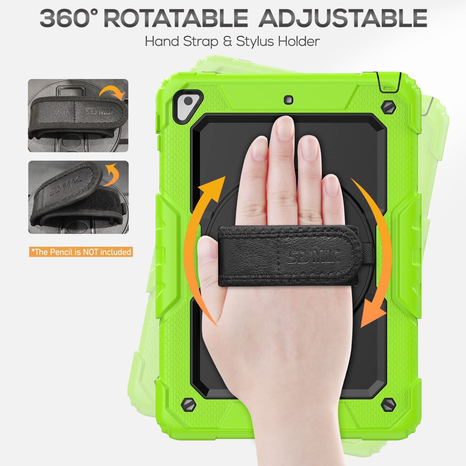 Seymac Case For Ipad 6Th/5Th Generation Case 9.7 Inch, Full Body Shockproof Heavy Duty Protective Case With Screen Protector, Rotating Stand/Hand/Shoulder Strap For Ipad Air 2/ Pro 9.7, Green