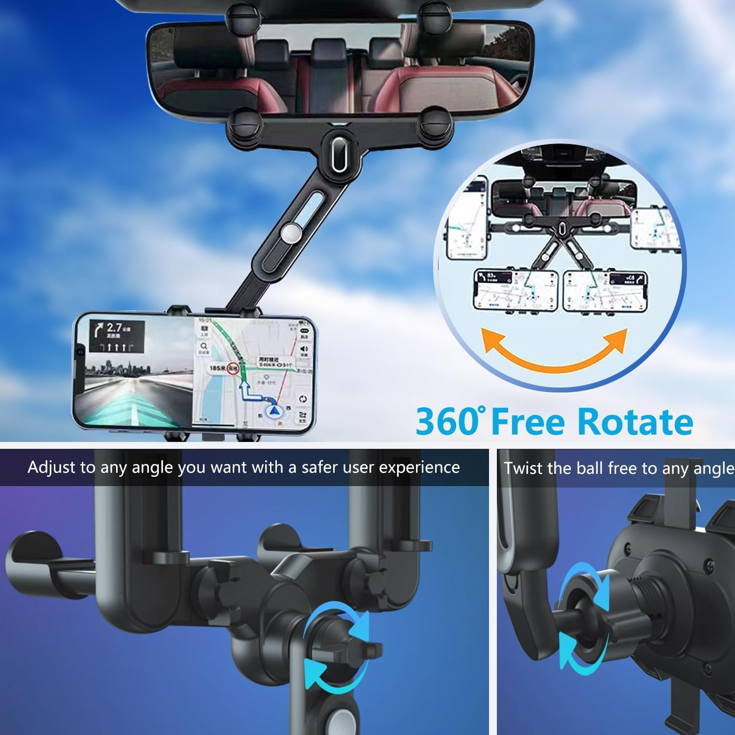 Ilkcc Rearview Mirror Phone Holder For Car, 360 Rotating And Retractable Multifunctional Rear View Phone Mount, Upgraded Four Co