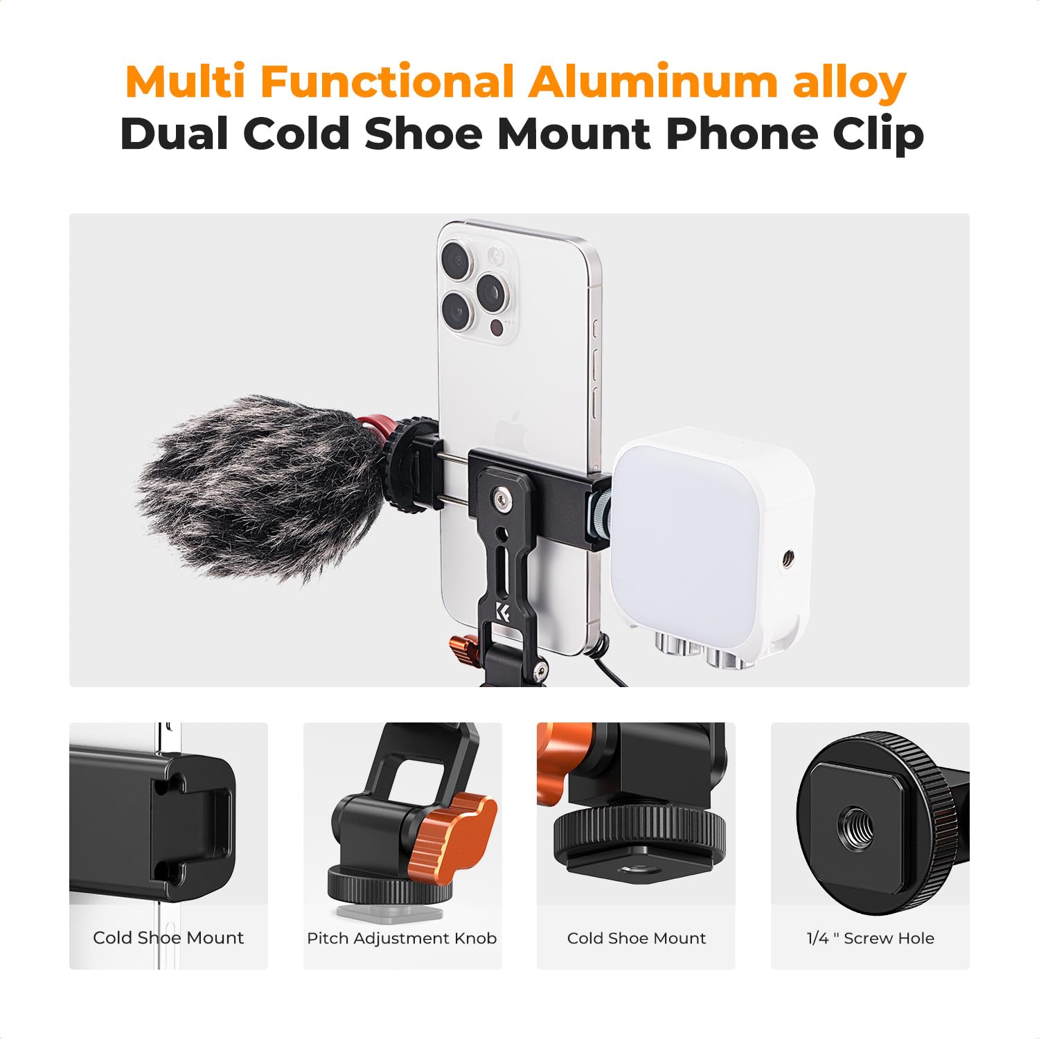 K&F Concept Metal Phone Tripod Mount, Universal Smartphone Stand With 2 Cold Shoe Mount, Adjustable Cellphone Holder For Horizon