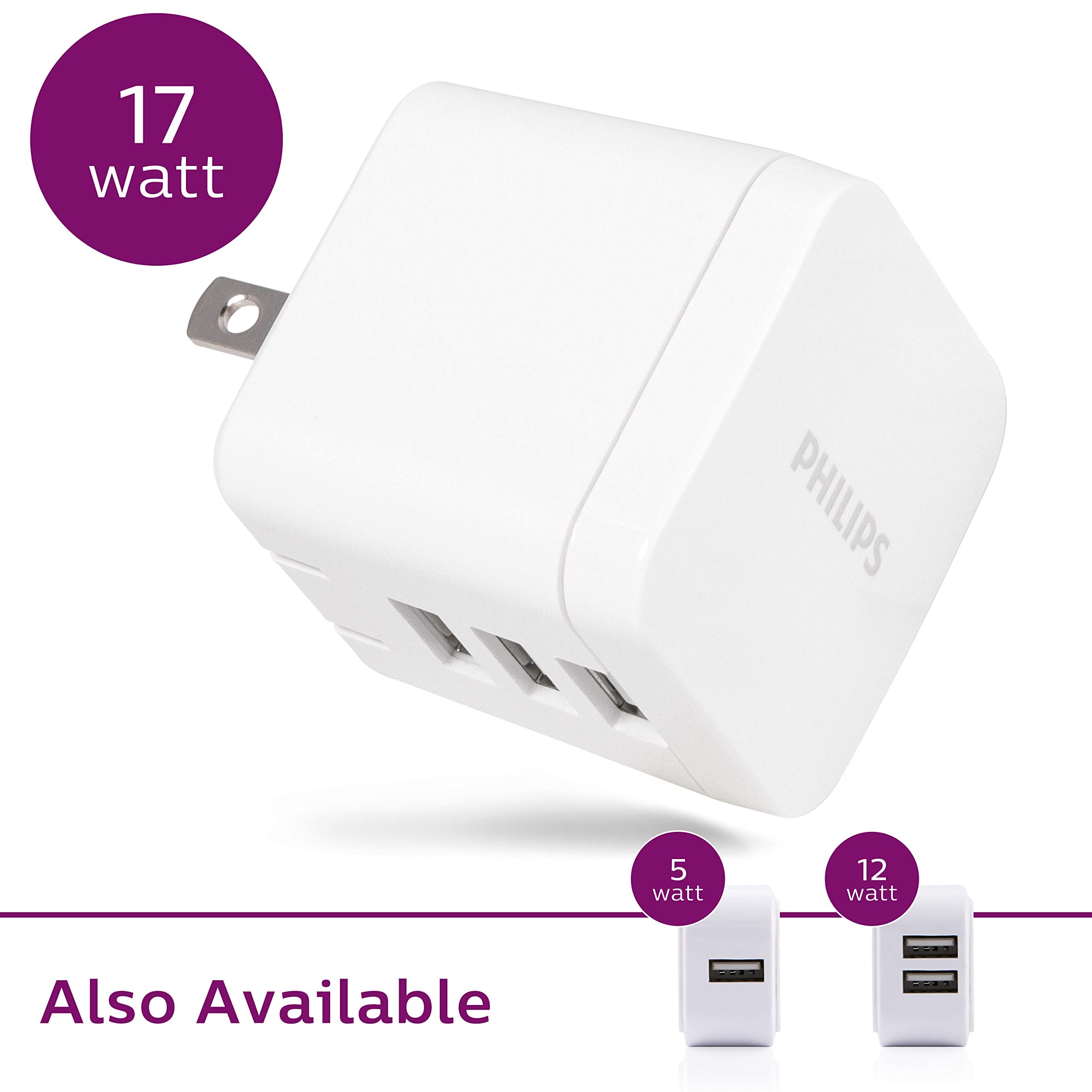 Philips 17W Usb Wall Charger, 3 Ports, For Iphone Xs/Xr/X/8, Ipad Pro/Air/Mini, Samsung Galaxy S10/S9/Plus, Google Pixel C/3/2/X