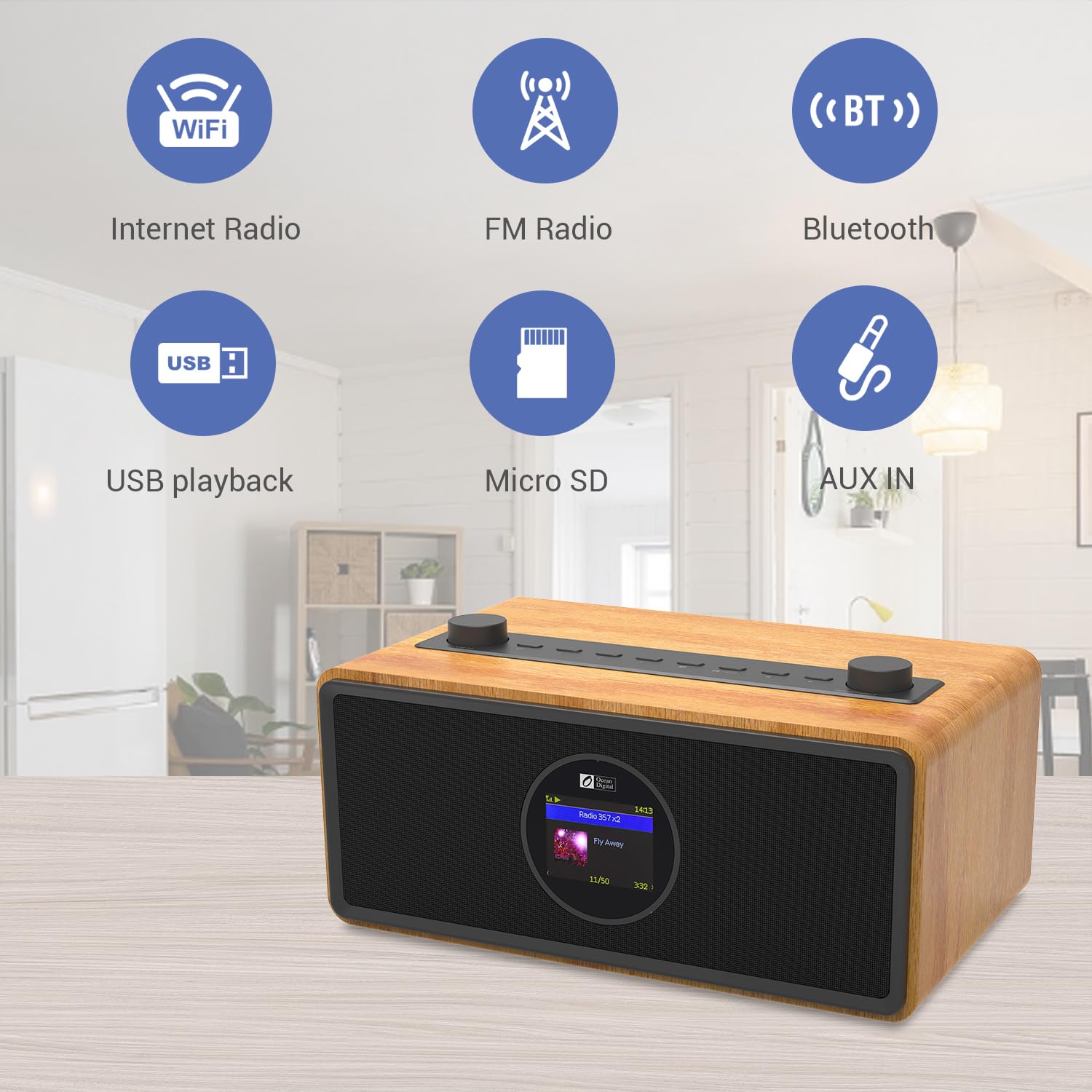 Ocean Digital Wr-860 Fm Wi-Fi Internet Radio With Stereo Speakers, Alarm Clock, Sleep Timer, Line Out, Aux In, Stress Relief, Re