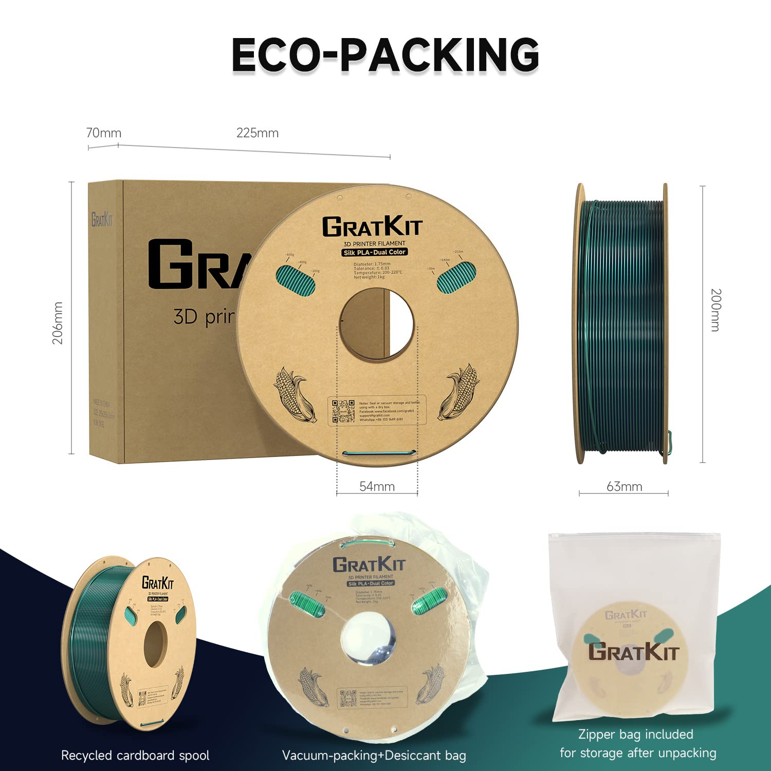 Gratkit Silk Dual Color Pla Filament, Coextrusion Pla Filament 1.75Mm, +/-0.03Mm, 1Kg/Roll, Silk Pla Black & Green