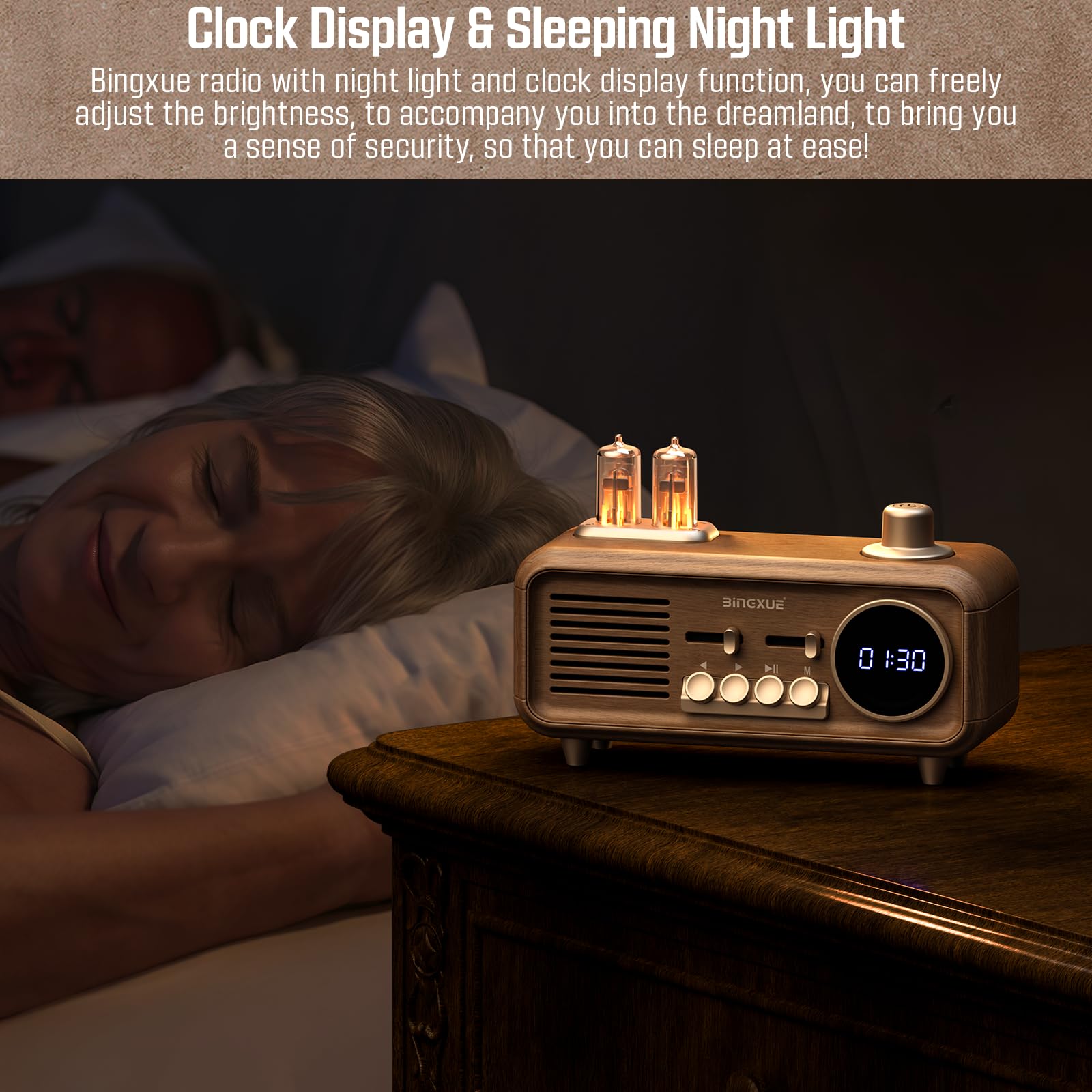 Portable Vintage Fm Radio With Clock, Retro Bluetooth Speaker Radios With 2 Warm Light, Toggle 12/24 H Display, Strong Reception
