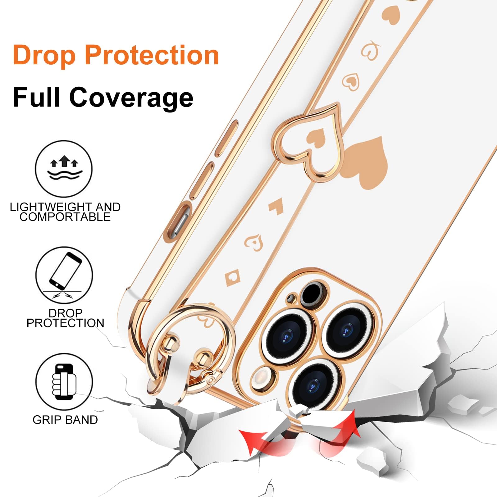 Llz.Coque For Iphone 13 Pro Case Cute Love Heart Plating Strap Phone Cover For Women Girls Bling Soft Silicone Camera Lens Prote