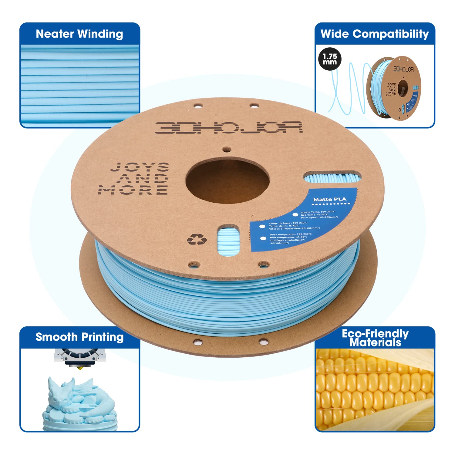 3Dhojor Matte Pla Filament 1.75Mm Light Blue, Pla 3D Printer Filament, 1Kg Spool (2.2Lbs) Pla Filament, Fit Most Fdm 3D Printer