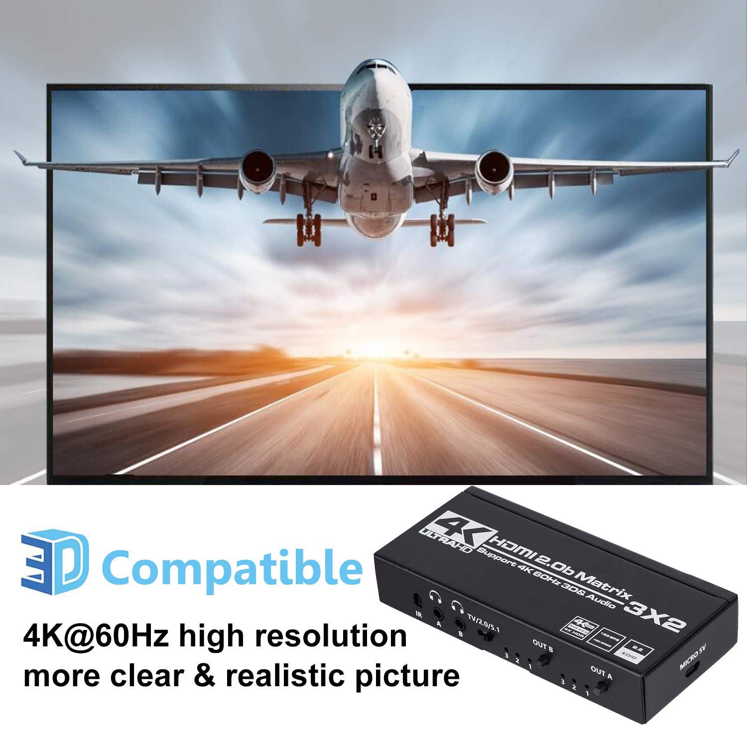 Hdmi Matrix 3X2, 4K Hdmi Matrix Switch 3 In 2 Out Switcher Splitter Box With Edid Extractor And Ir Remote Control, Support Ultra