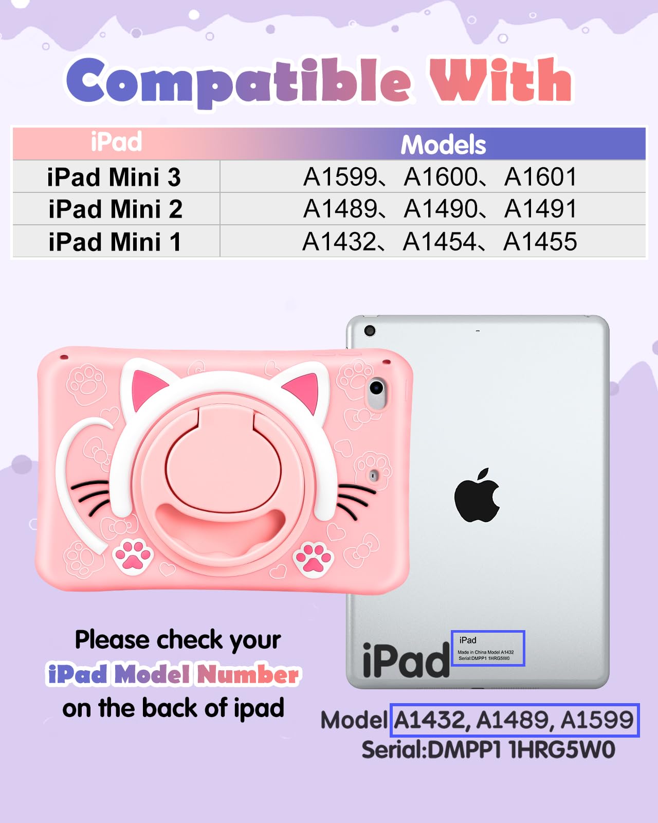 Wazzasoft For Ipad Mini 1/2/3 Case 7.9 Inch Girls Cute Cat Kawaii Cover Girly 3D Cartoon Women Kitten With Rotating Handle Stand