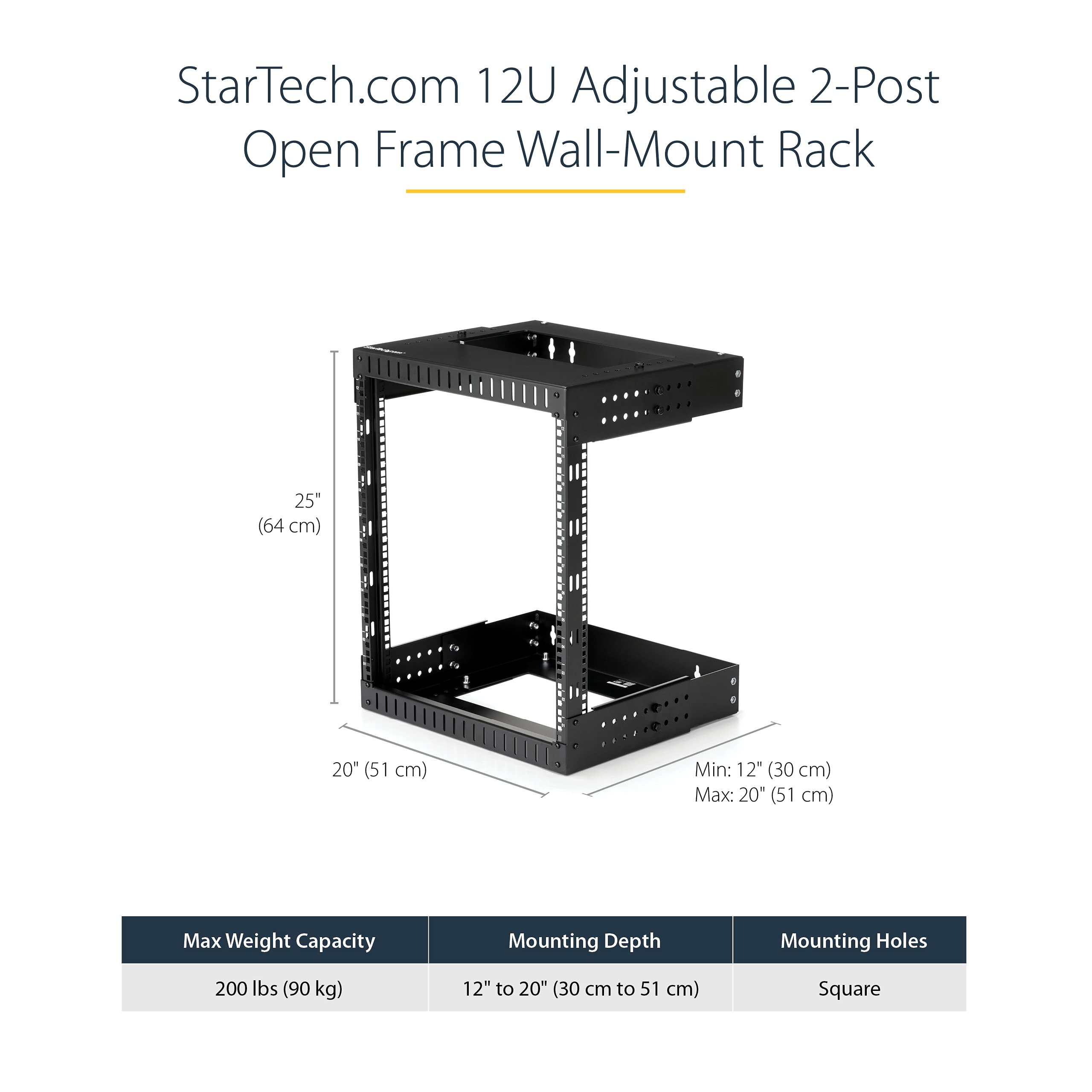 Startech.Com 12U 19'' Wall Mount Network Rack   Adjustable Depth 12 20'' 2 Post Open Frame Server Room Rack For Av/Data/ It Comm