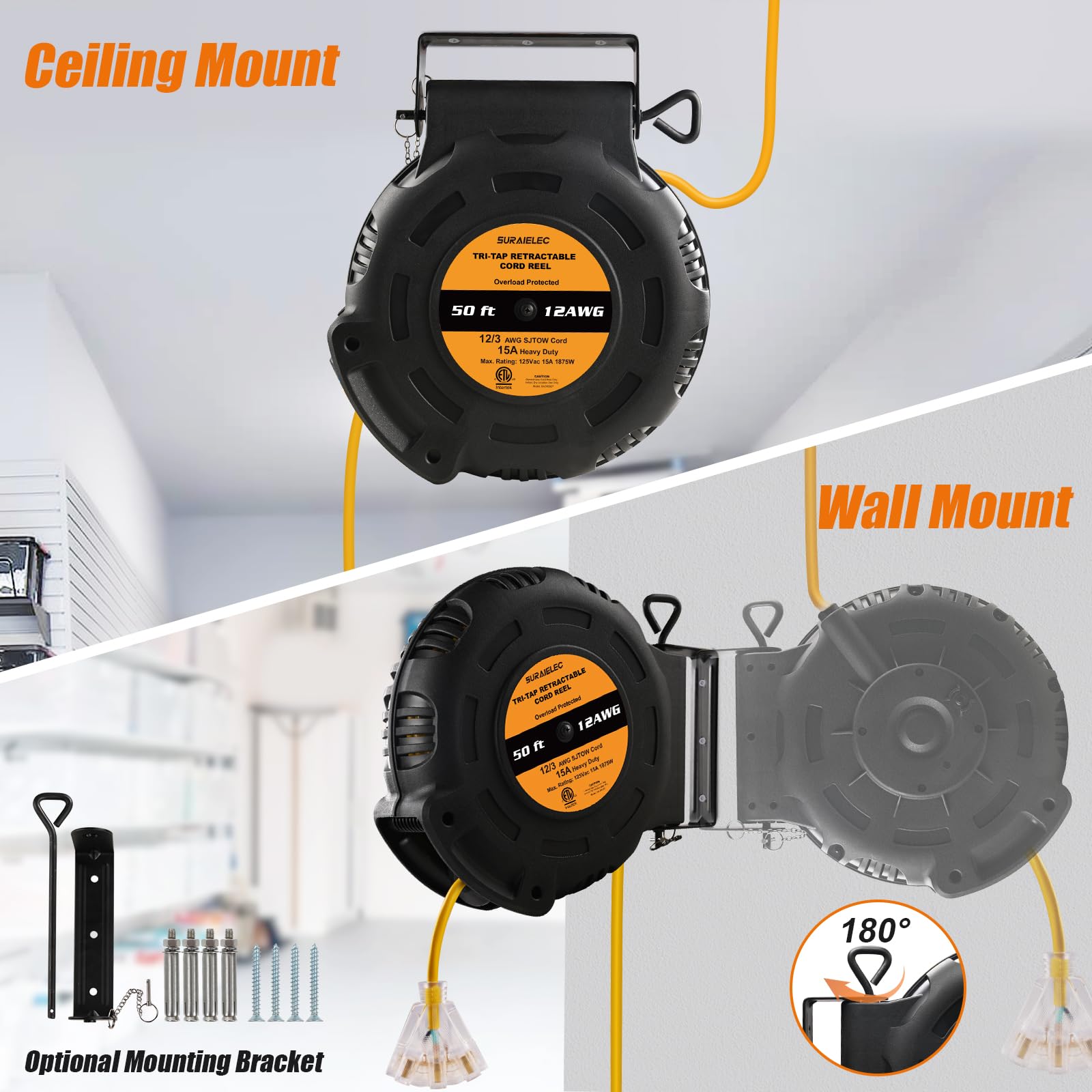 Suraielec 12 Gauge Retractable Extension Cord Reel, 50 Ft 12 Awg/3C Sjtow Heavy Duty Power Cord, 3 Outlets Triple Tap, 15 Amp Ci