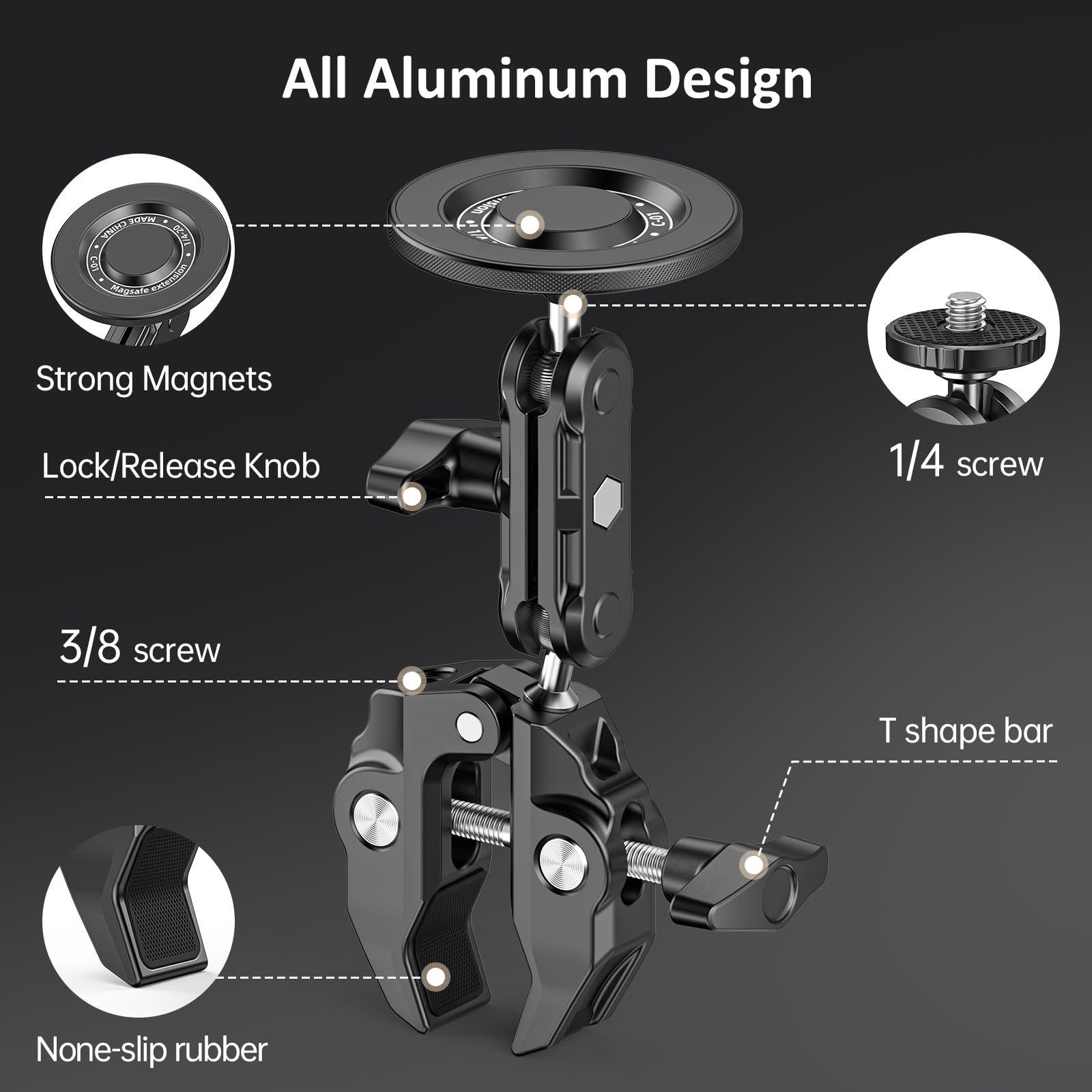 Mic Stand Phone Holder Aluminum Compatible With Magsafe Iphone 16/15/14/13/12 Plus Pro Max Series, Side Mount Cellphone Music St
