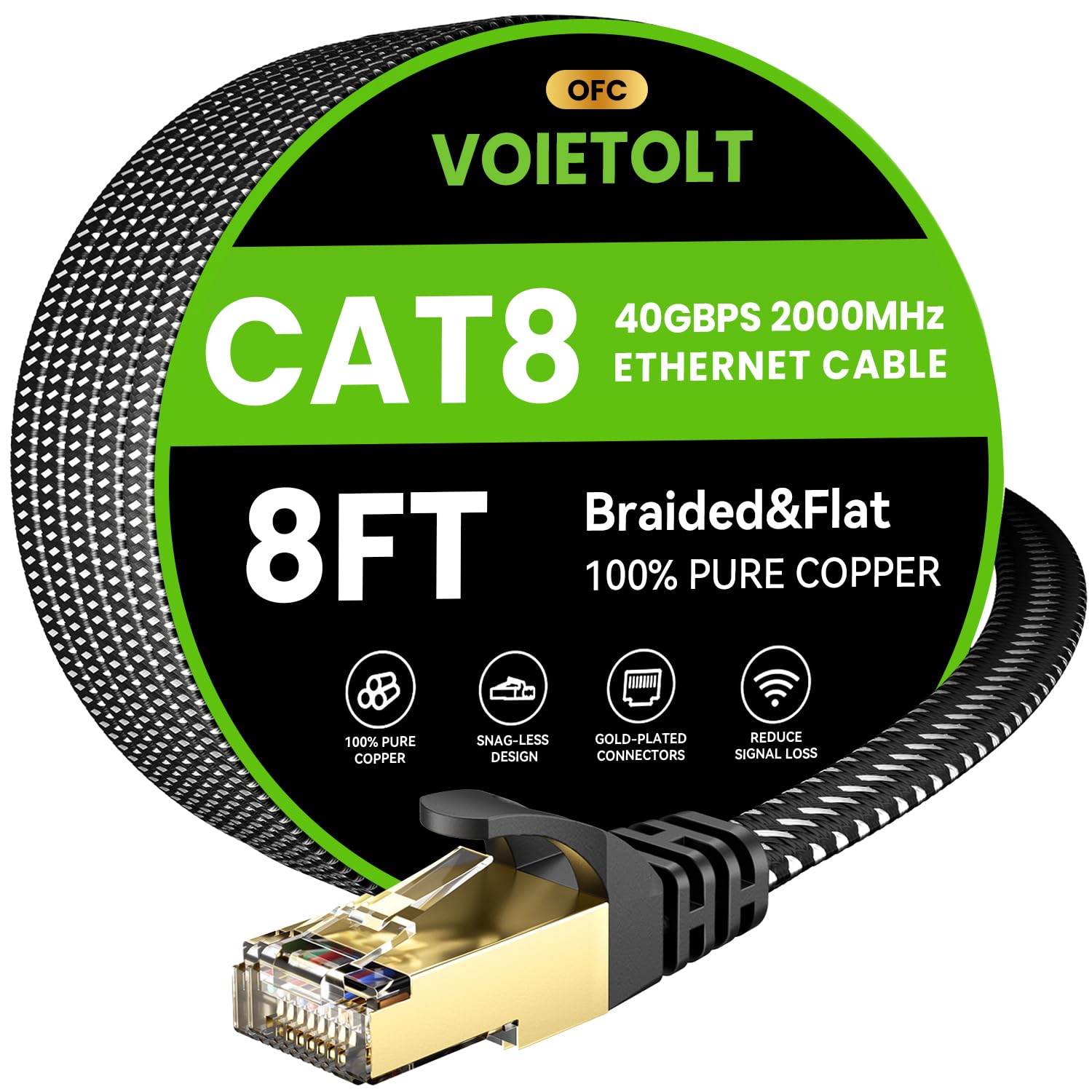 Cat 8 Ethernet Cable 8 FT Flat, High Speed 40Gbps 2000Mhz Braided Internet Cable with Gold Plated RJ45 Network LAN Cable SSTP, H