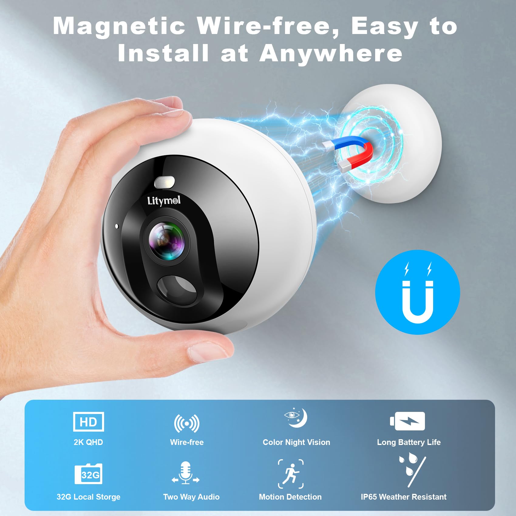 Litymol Security Cameras Wireless Outdoor/Indoor, 2K Magnetic Mount Wifi Cameras For Home Security With Ai Motion Detection, 32G