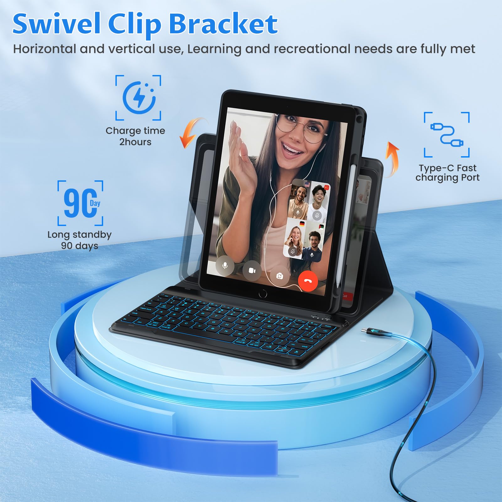 Oyeeice For Ipad 9Th Generation Case With Keyboard   Detachable Backlit Keyboard   Rotatable Cover With Pencil Holder For Ipad 9