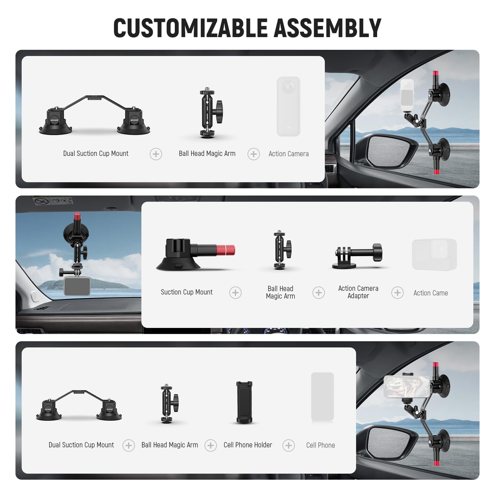 Neewer Dual Suction Cup Car Mount Kit With 360 Ball Head Magic Arm, Quick Release Air Pump Vacuum Camera Mount With Phone Holder