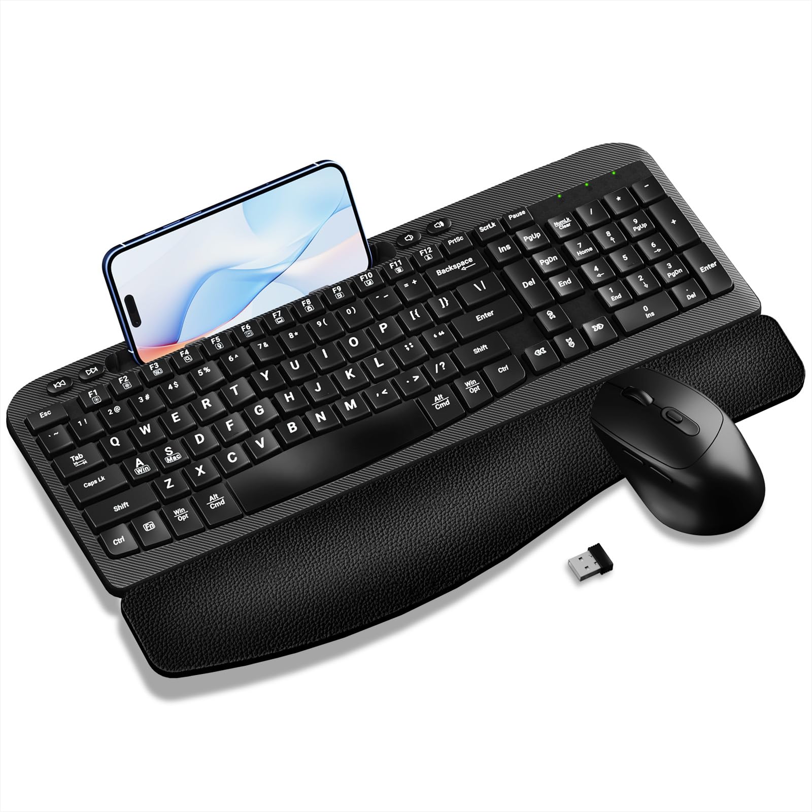 Hayyiesh Ergonomic Wave Keys Wireless Keyboard and Mouse Combo, Full Size with Memory Foam Wrist Rest & Phone Holder, 2.4G Cordl