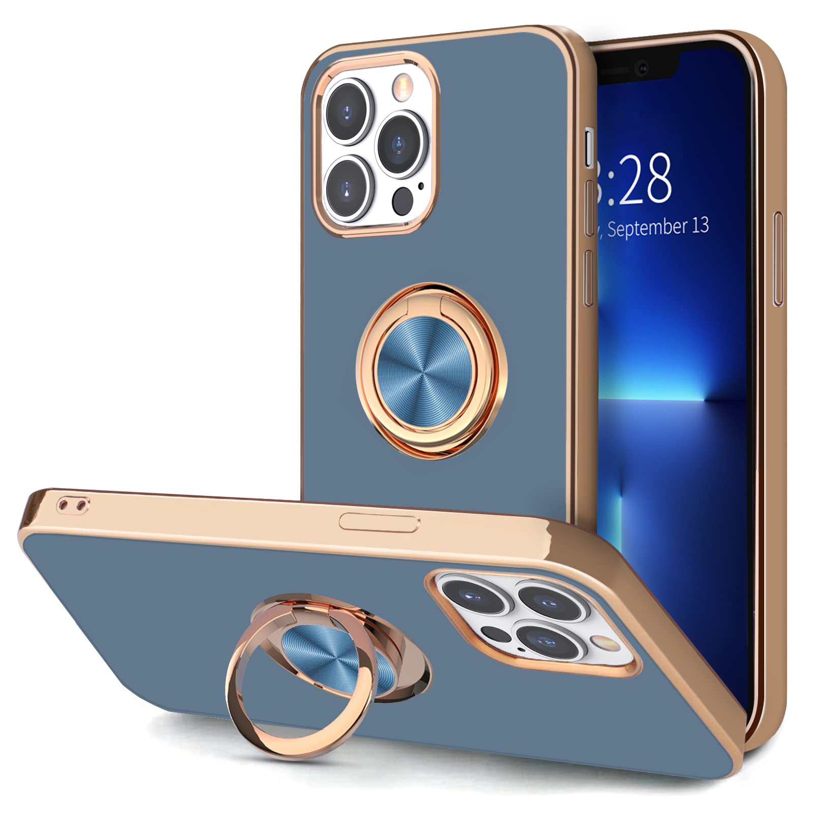 Hython For Iphone 13 Pro Max Case With Ring Stand [360 Rotatable Ring Holder Magnetic Kickstand][Support Car Mount] Plating Rose