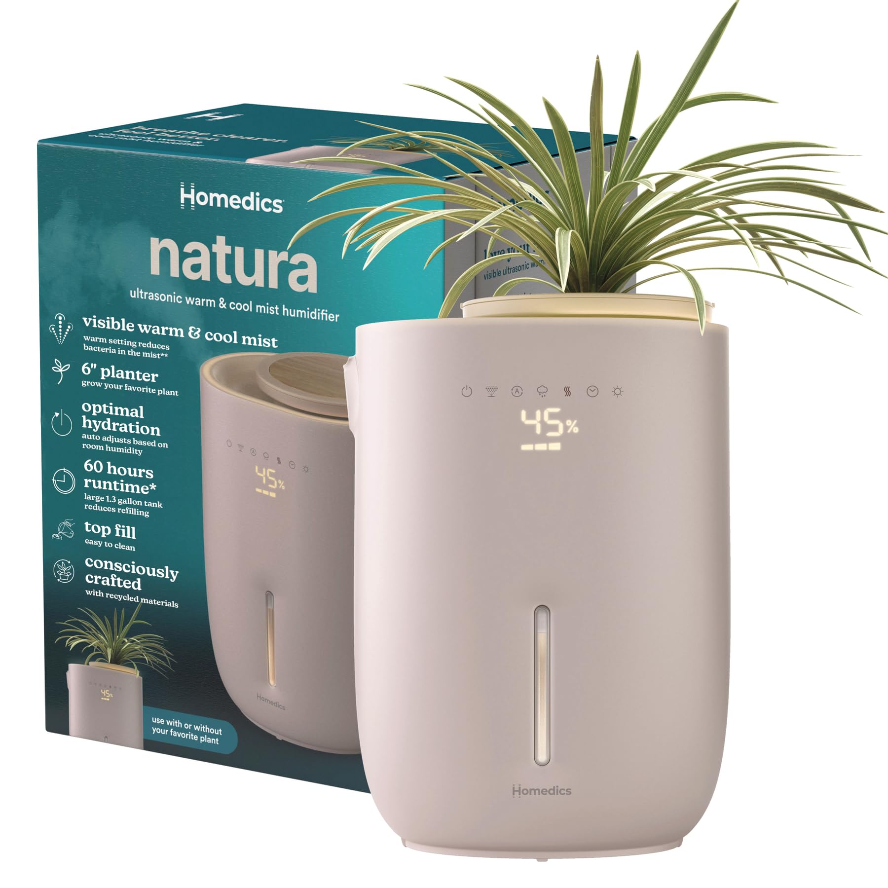 Homedics Natura Ultrasonic Warm & Cool Mist Humidifier, 1.3 Gal For Large Rooms, 60 Hr Runtime, Plant Holder, Programmable Humid
