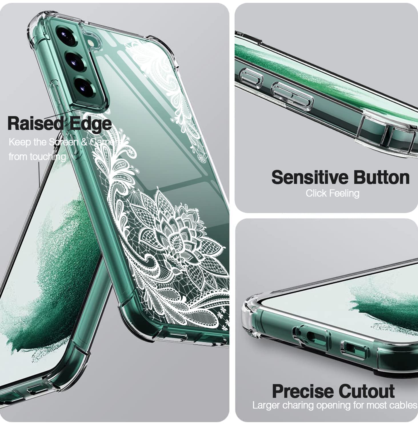 KIOMY Samsung Galaxy S22+ Plus 5G Phone Case Crystal Clear Lace Flowers Design TPU Shockproof 4 Airbags Slim Fit 6.6 Inch