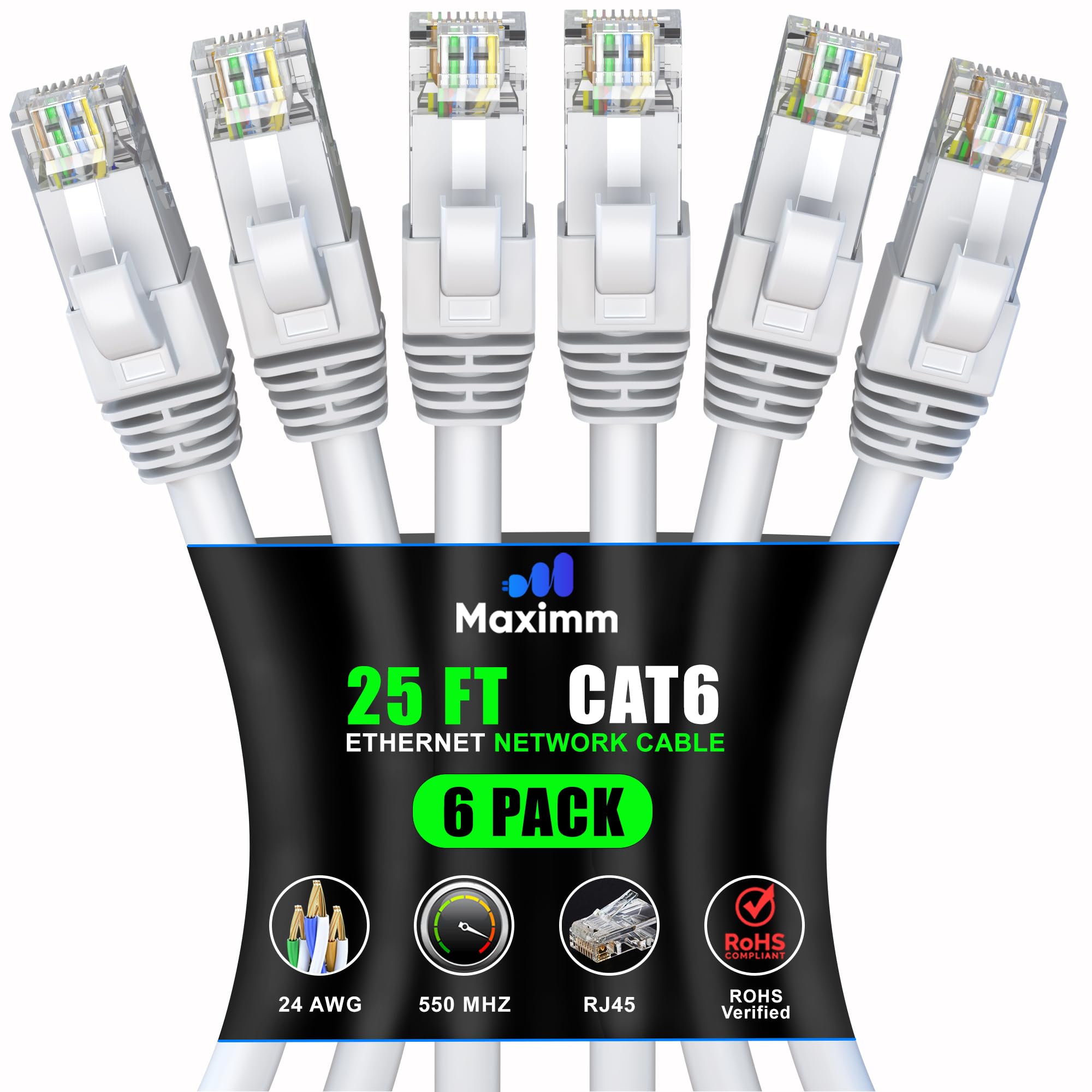 Maximm Cat 6 Ethernet Cable 25 Ft (6 Pack)   High Speed Lan Cable, Internet Cable, Patch Cable, And Network Cable   Utp, 10Gbps, 550Mhz Ethernet Cord   White