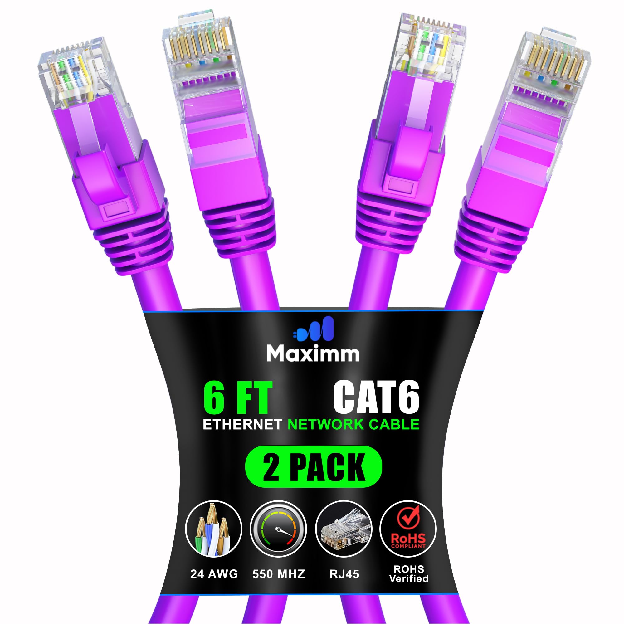Maximm Cat 6 Ethernet Cable 6 Ft (2 Pack)   High Speed Lan Cable, Internet Cable, Patch Cable, And Network Cable   Utp, 10Gbps, 550Mhz Ethernet Cord   Purple