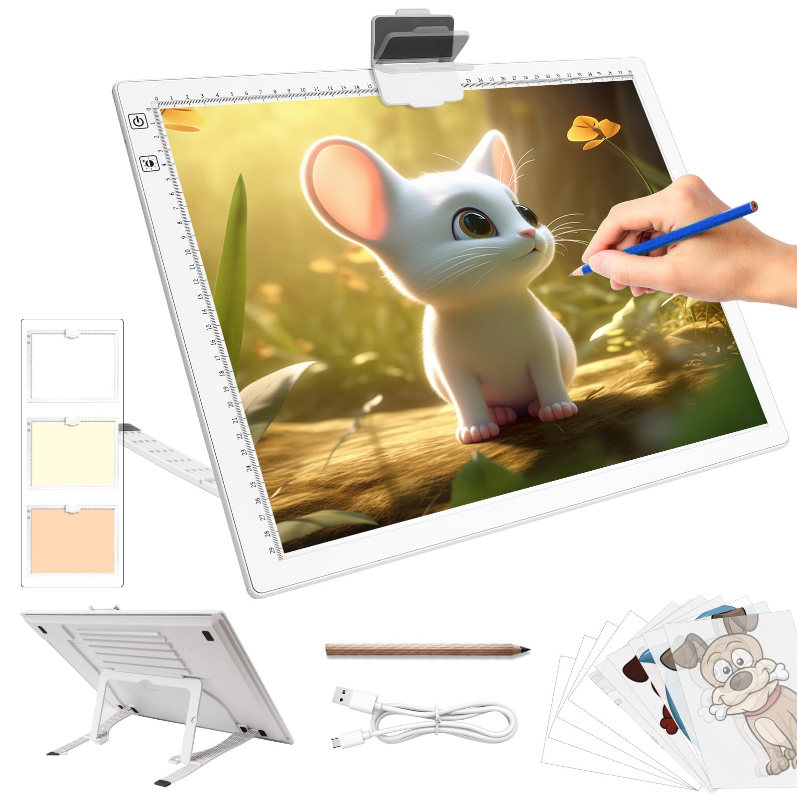 A3 Light Pad for Diamond Painting - Rechargeable Tracing Light Box with Stand, 3 Colours Stepless Dimmable 6 Levels Brightness L
