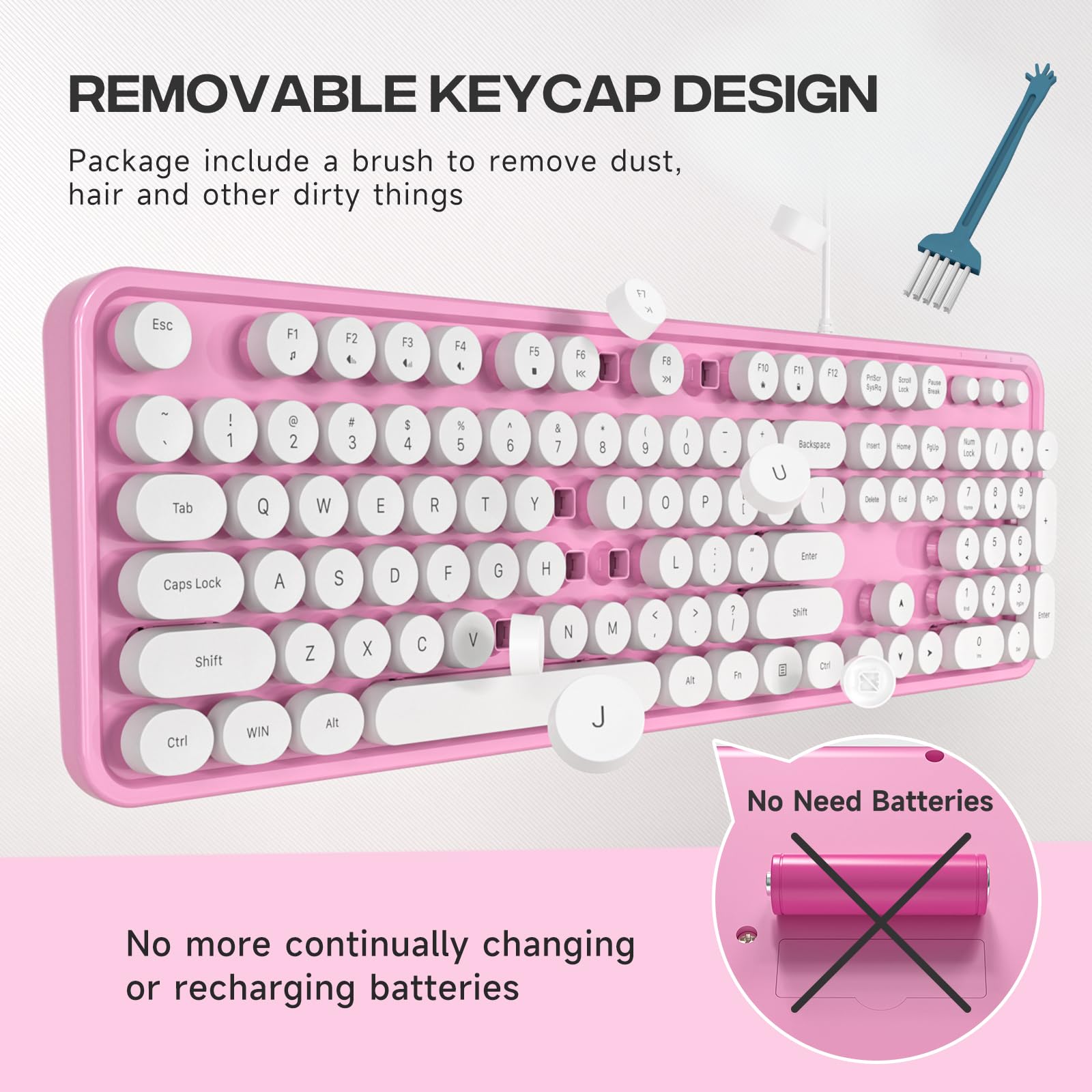 Mowux Computer Keyboard Wired, Plug And Play Usb Retro Round Typewriter Keyboard, Full Size Wired Keyboard With Foldable Stands