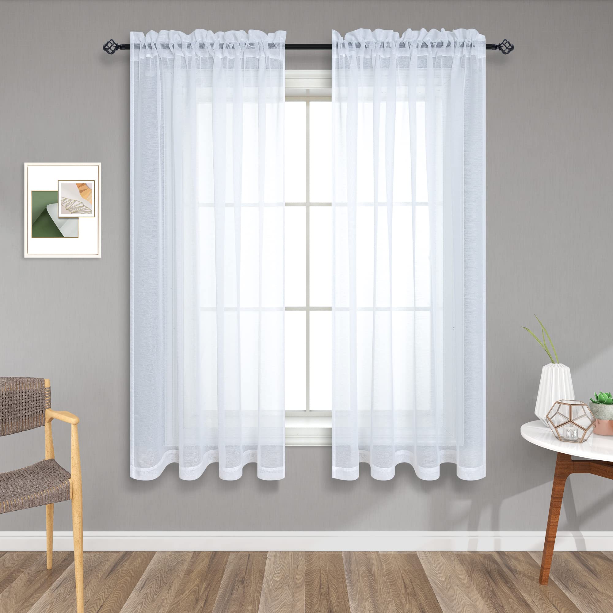 45 Inch Length Sheer Curtains White for Bathroom Windows 2 Panels Set Rod Pocket Small Transparent Short Curtains for Bedroom Ki
