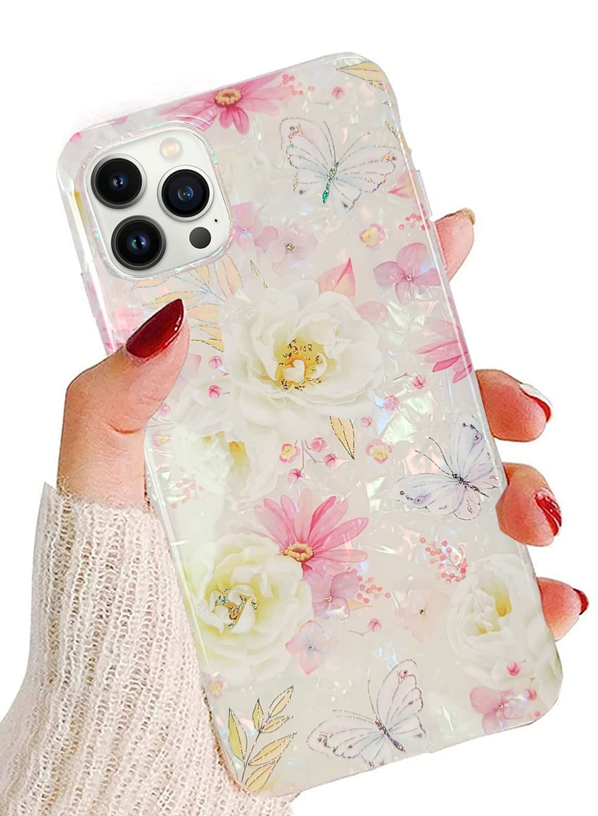J.West Iphone 13 Pro Max Case 6.7 Inch,Luxury Sparkle Glitter Soft Clear Colorful Opal Pearly Thinfoil Design Shiny Floral Print
